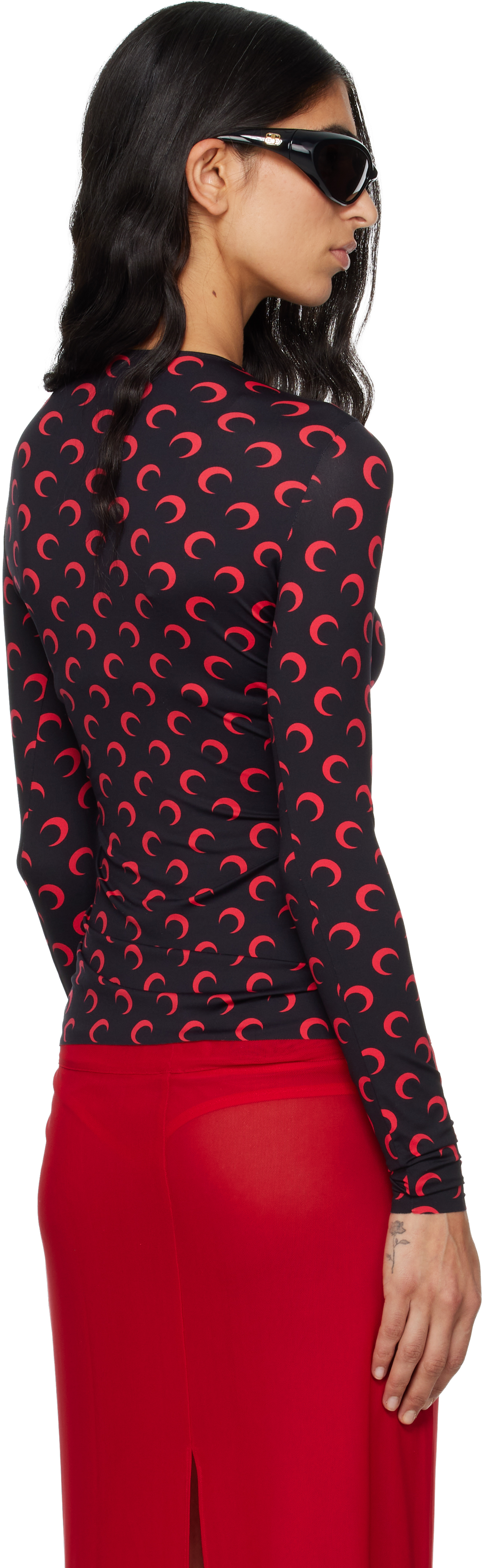 Marine Serre Black Recycled Moon Jersey Second Skin T-shirt In Black