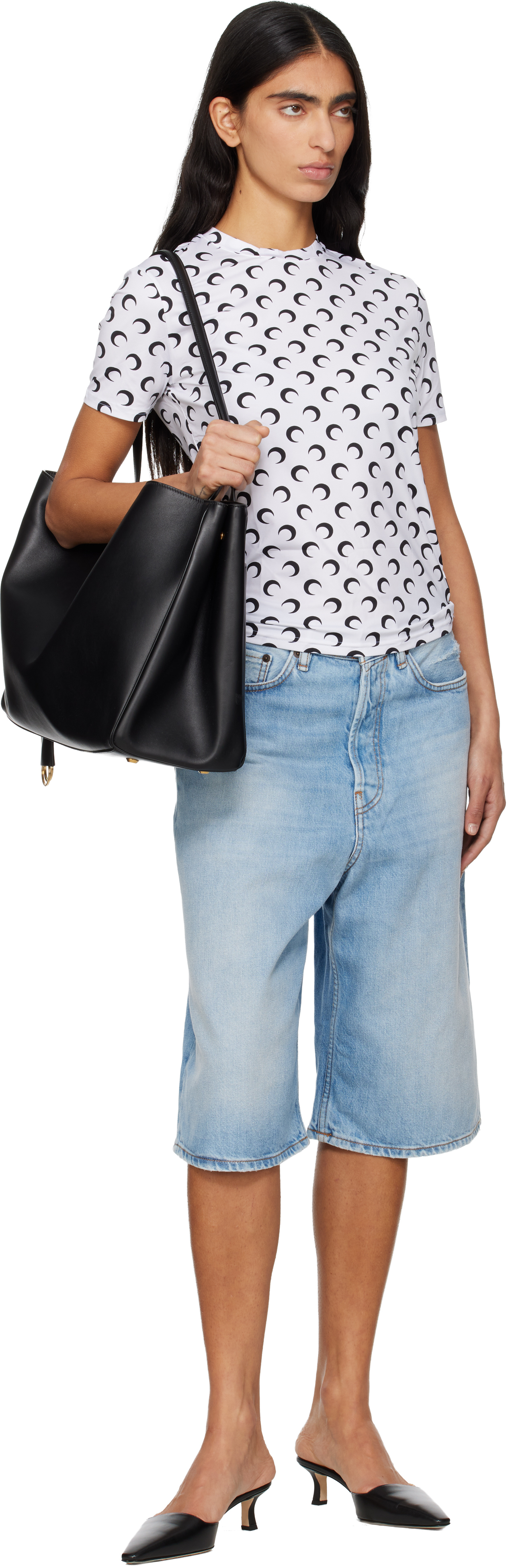 Marine Serre White Recycled Moon Jersey Second Skin Short Sleeves T-shirt In White