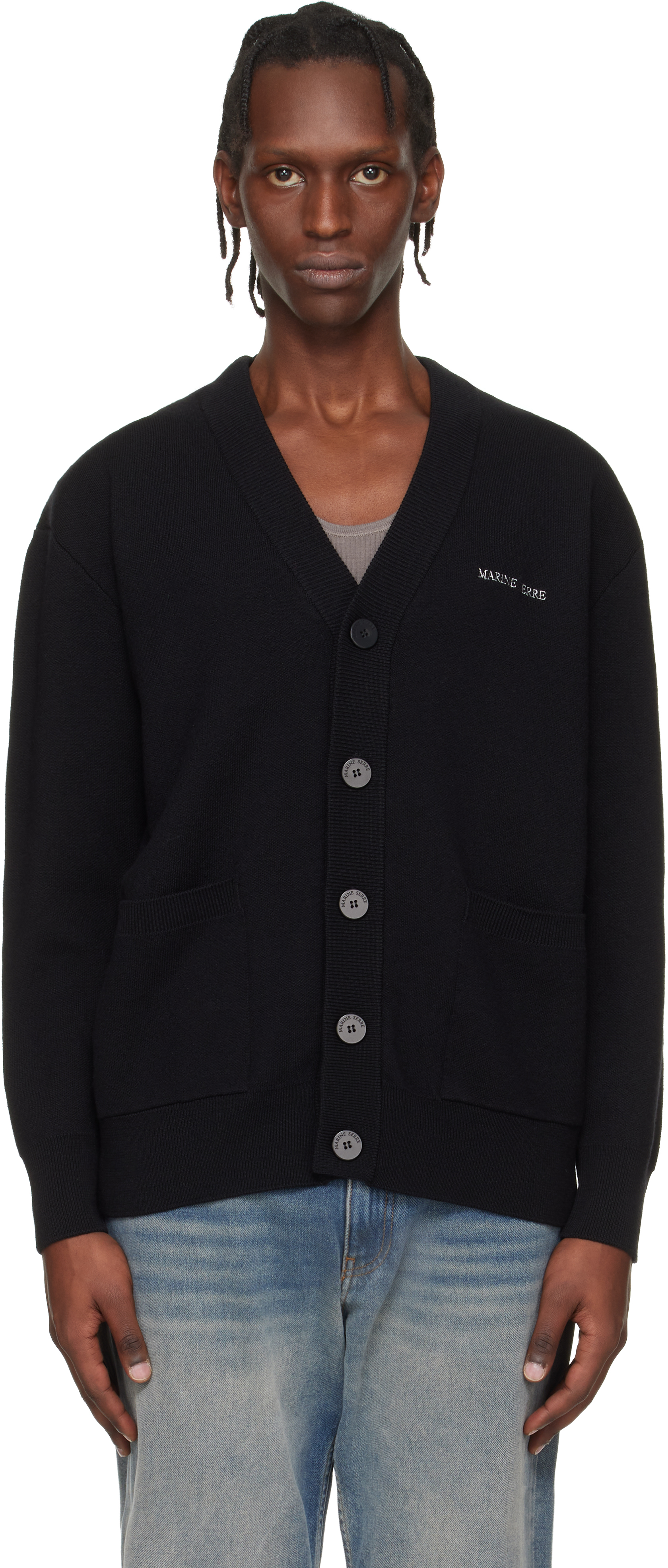 Black Merino Wool Knit Maxi Cardigan by Marine Serre on Sale
