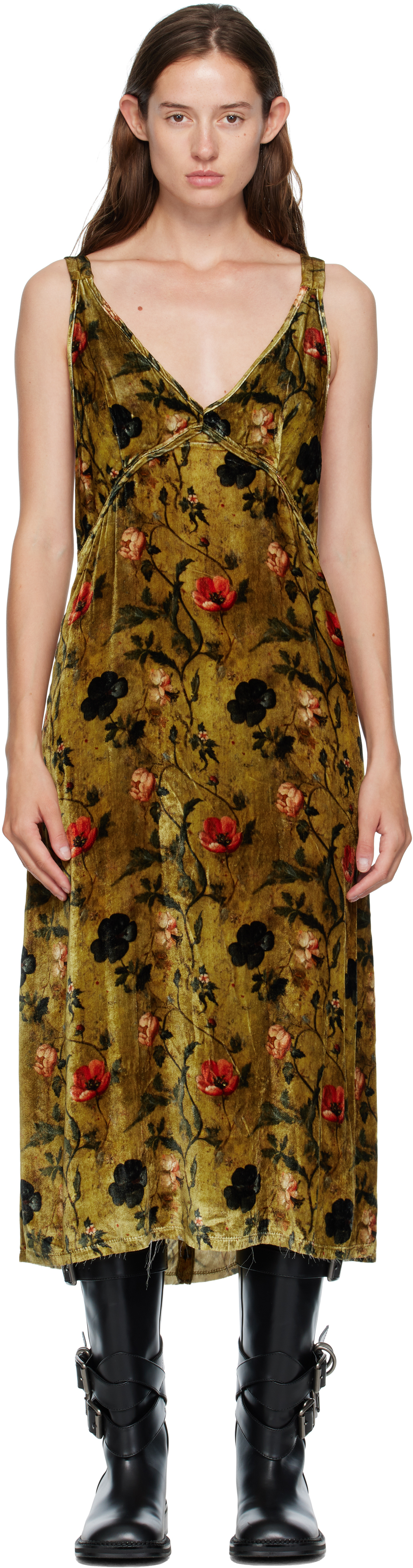 R13 Yellow Grunge Slip Midi Dress In Brown