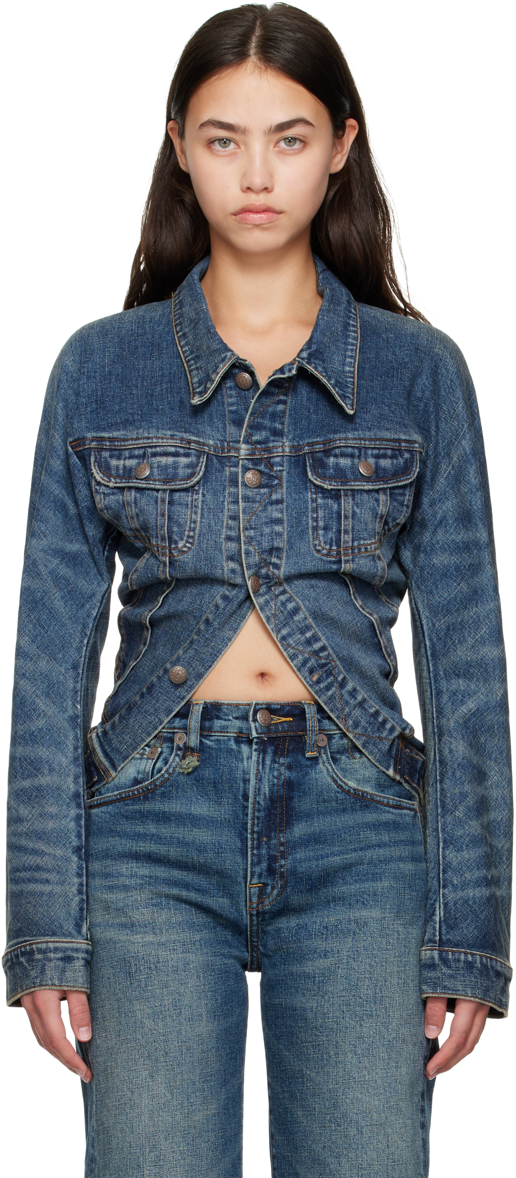 R13のブルー Skinny Wrap Around デニム トラッカージャケットがセール中