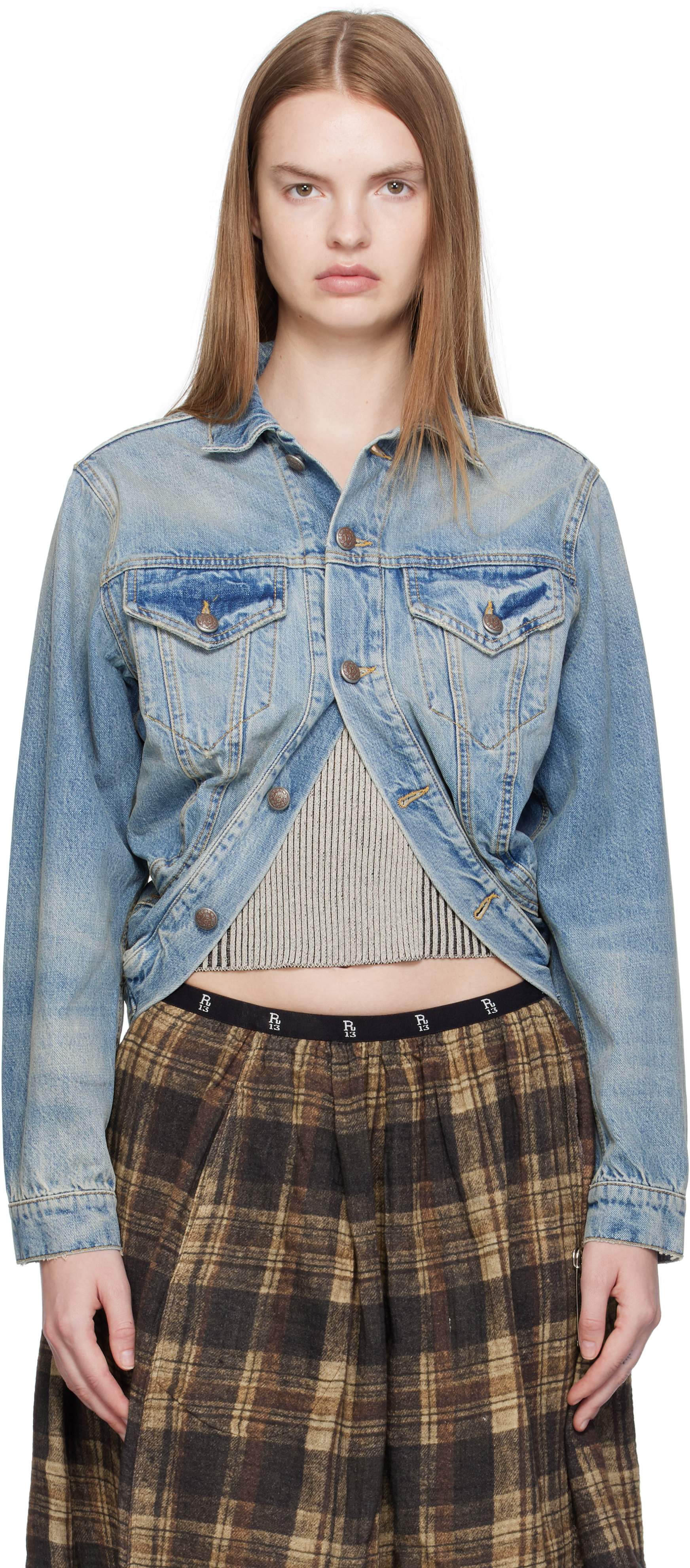 R13 Blue Wrap Around Denim Trucker Jacket In Blue