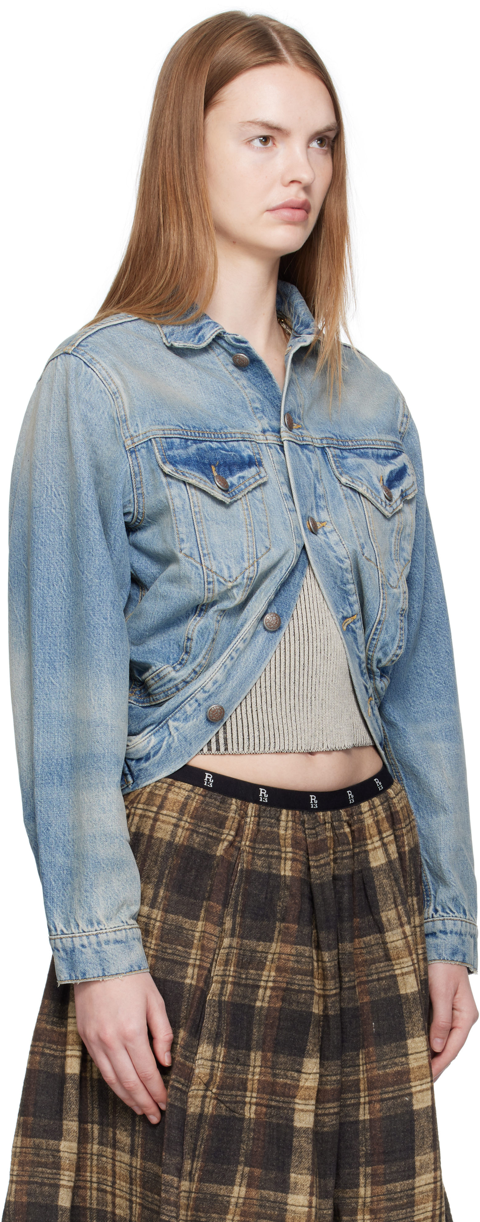 R13 Blue Wrap Around Denim Trucker Jacket In Blue