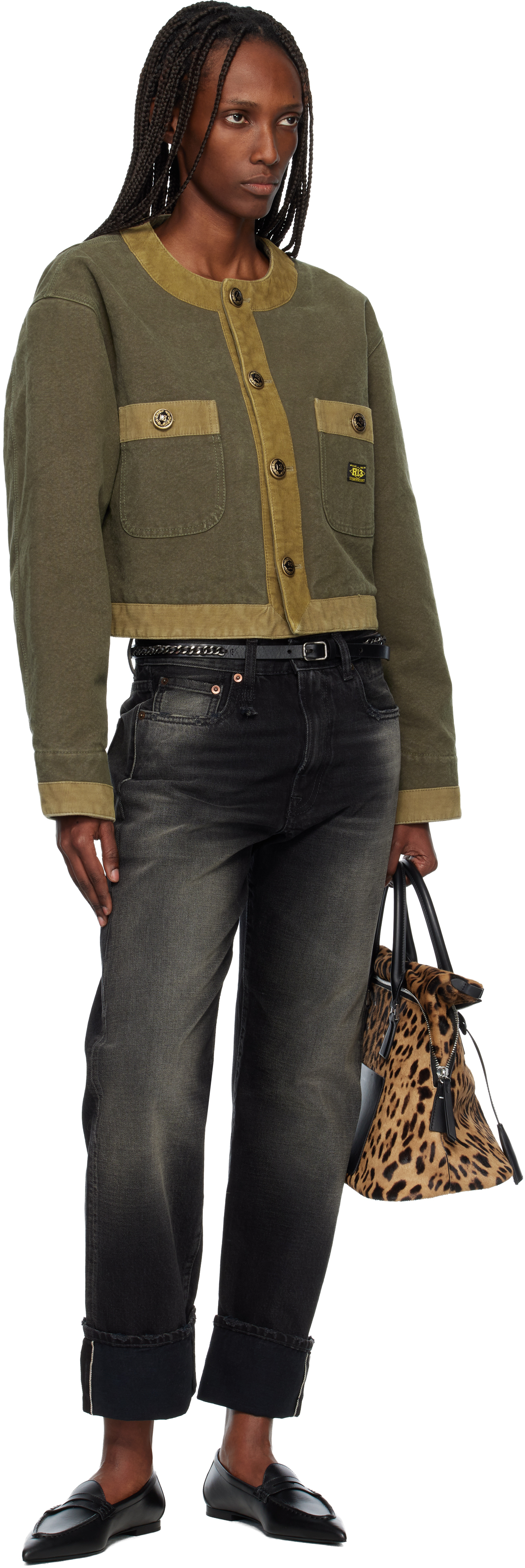 R13 Khaki Cord Trimmed Cropped Chore Jacket