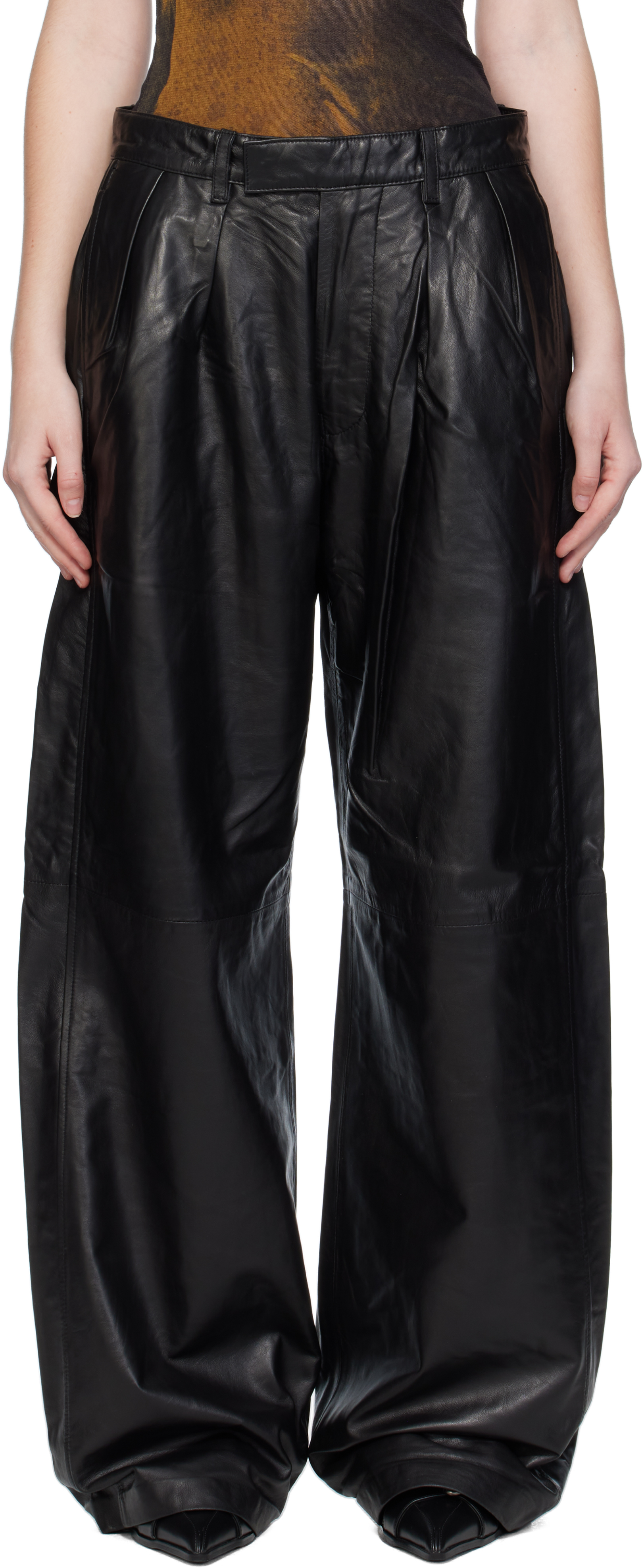 R13: Black Pleated Wide Leg Leather Pants | SSENSE