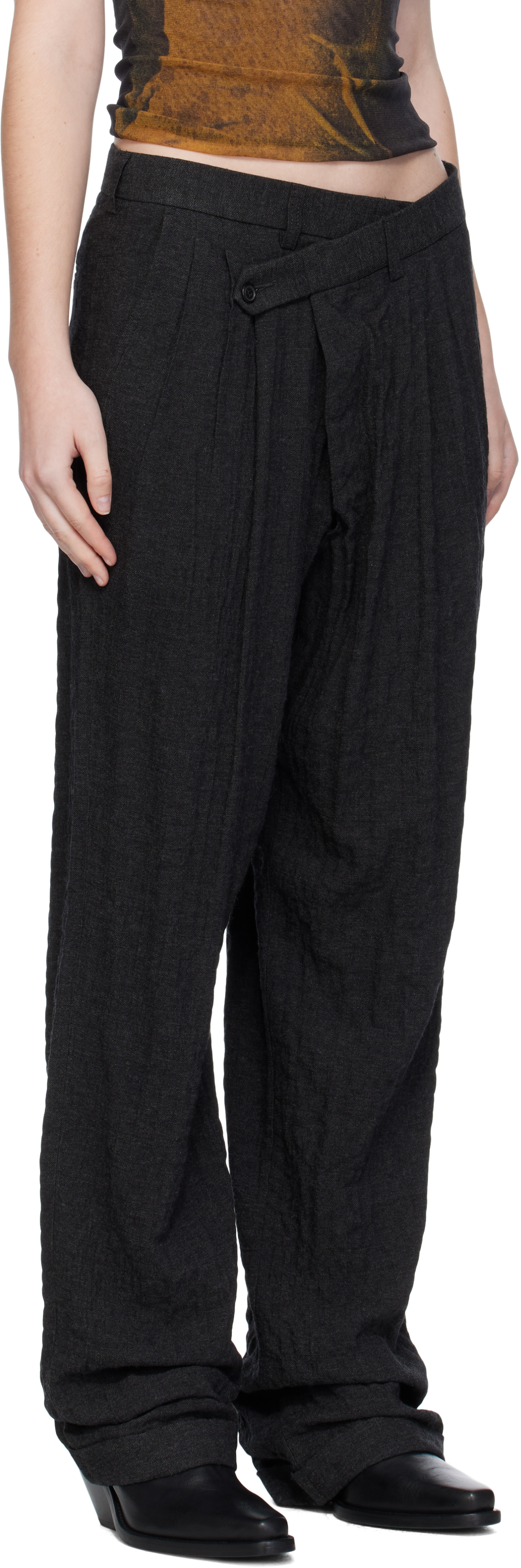 R13 Black Tripe Pleat Crossover Trousers In Black