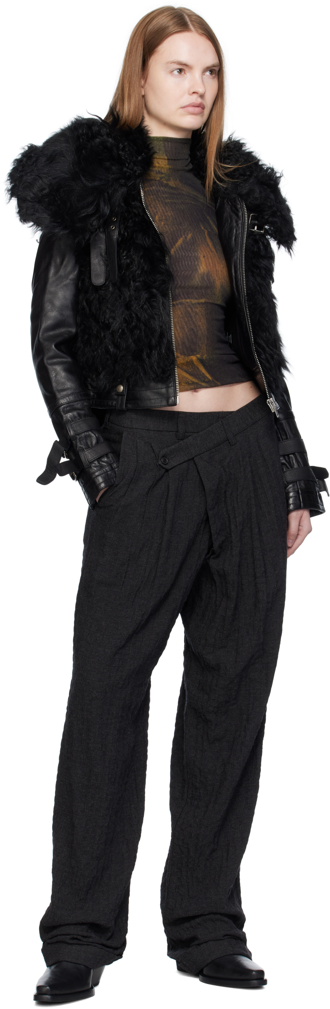 R13 Black Tripe Pleat Crossover Trousers In Black