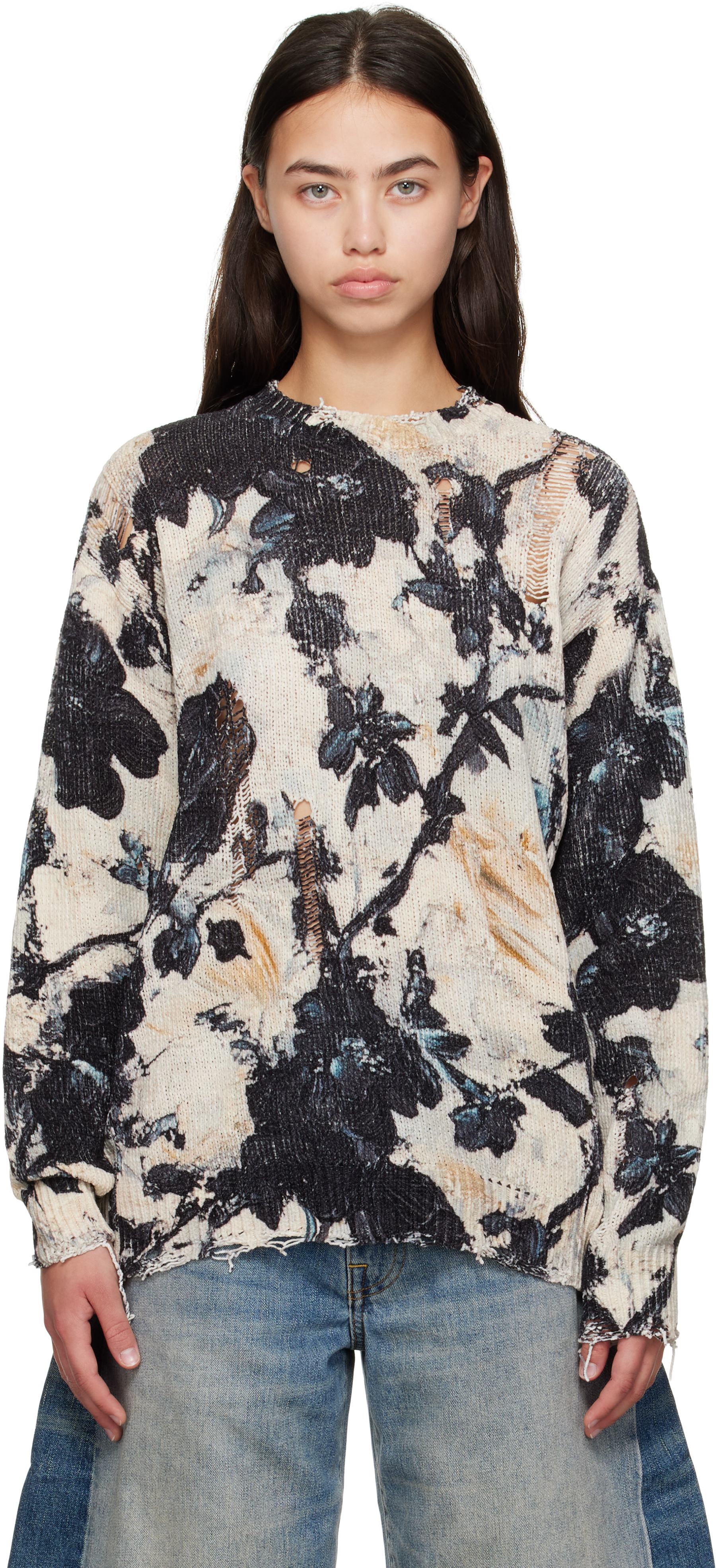 R13 Black & Off-White Printed Boyfriend Sweater