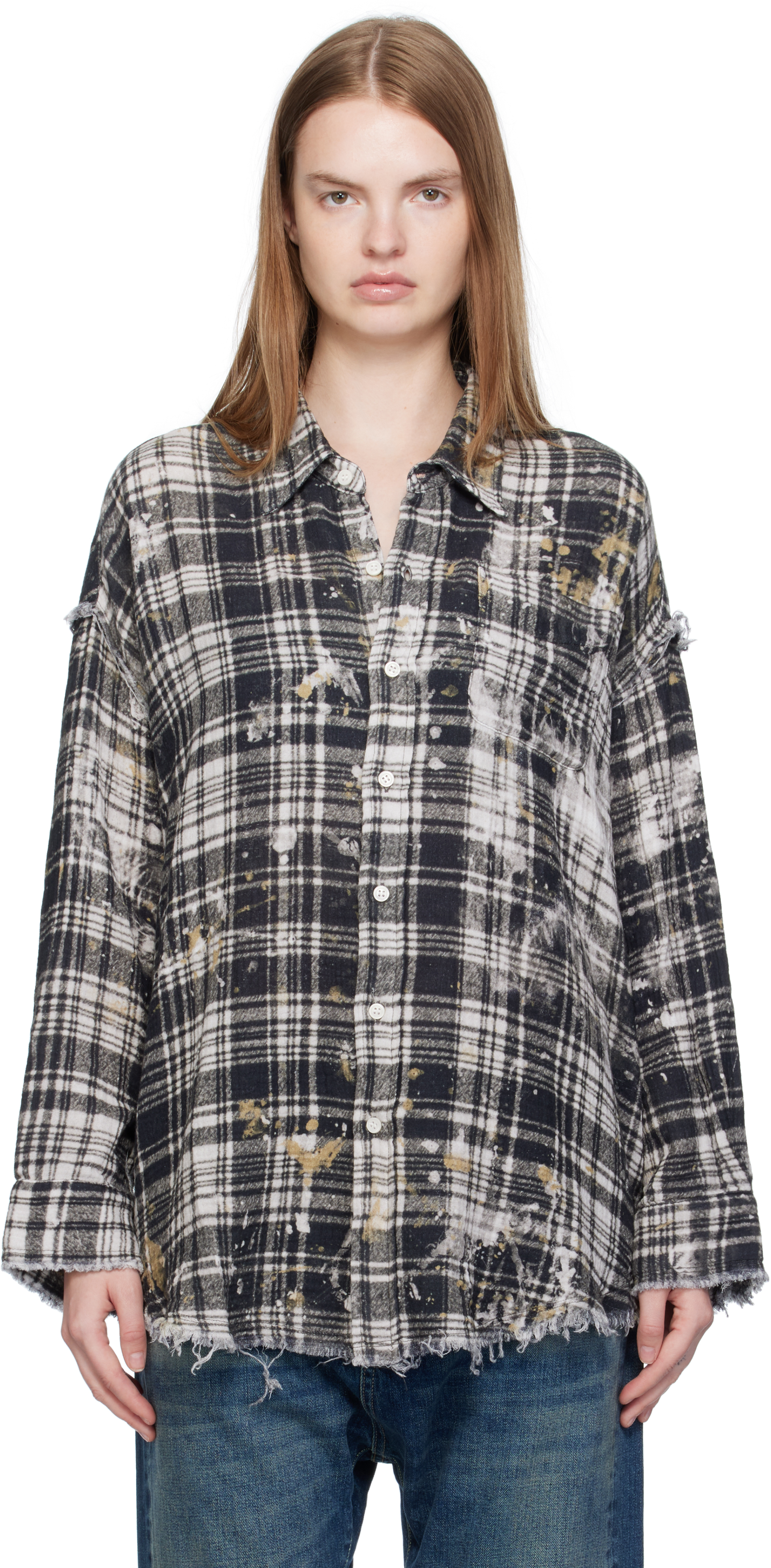 R13 Black & Off-white Shredded Seam Drop Neck Shirt In Black