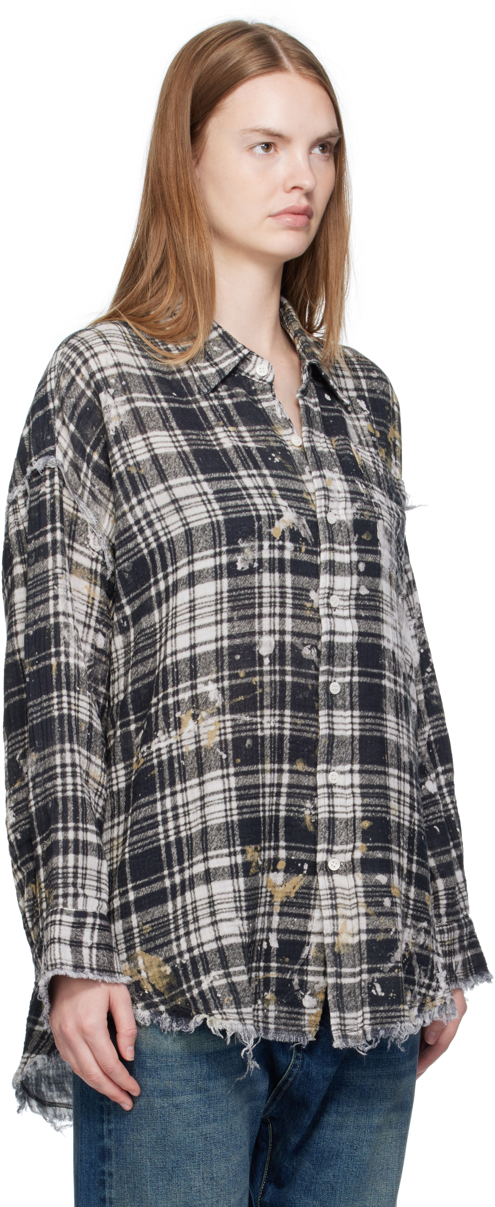 R13 Black & Off-white Shredded Seam Drop Neck Shirt In Black