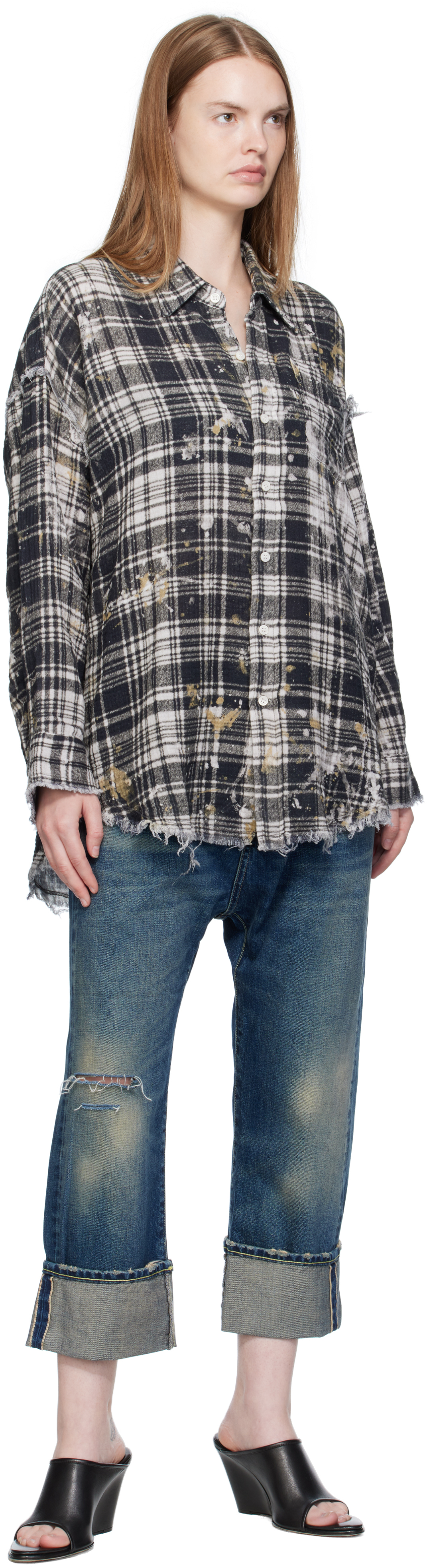 R13 Black & Off-white Shredded Seam Drop Neck Shirt In Black