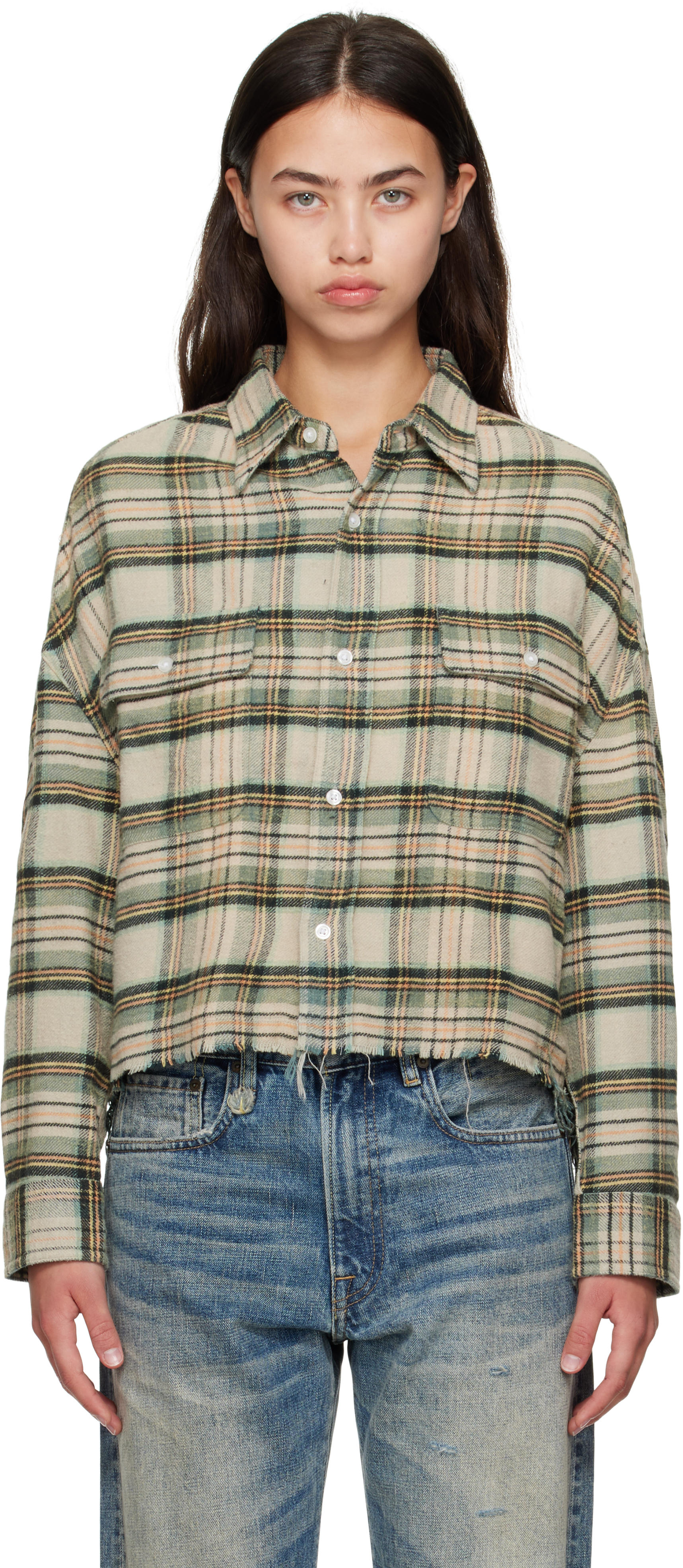 R13のベージュ＆グリーン クロップド ワークシャツがセール中