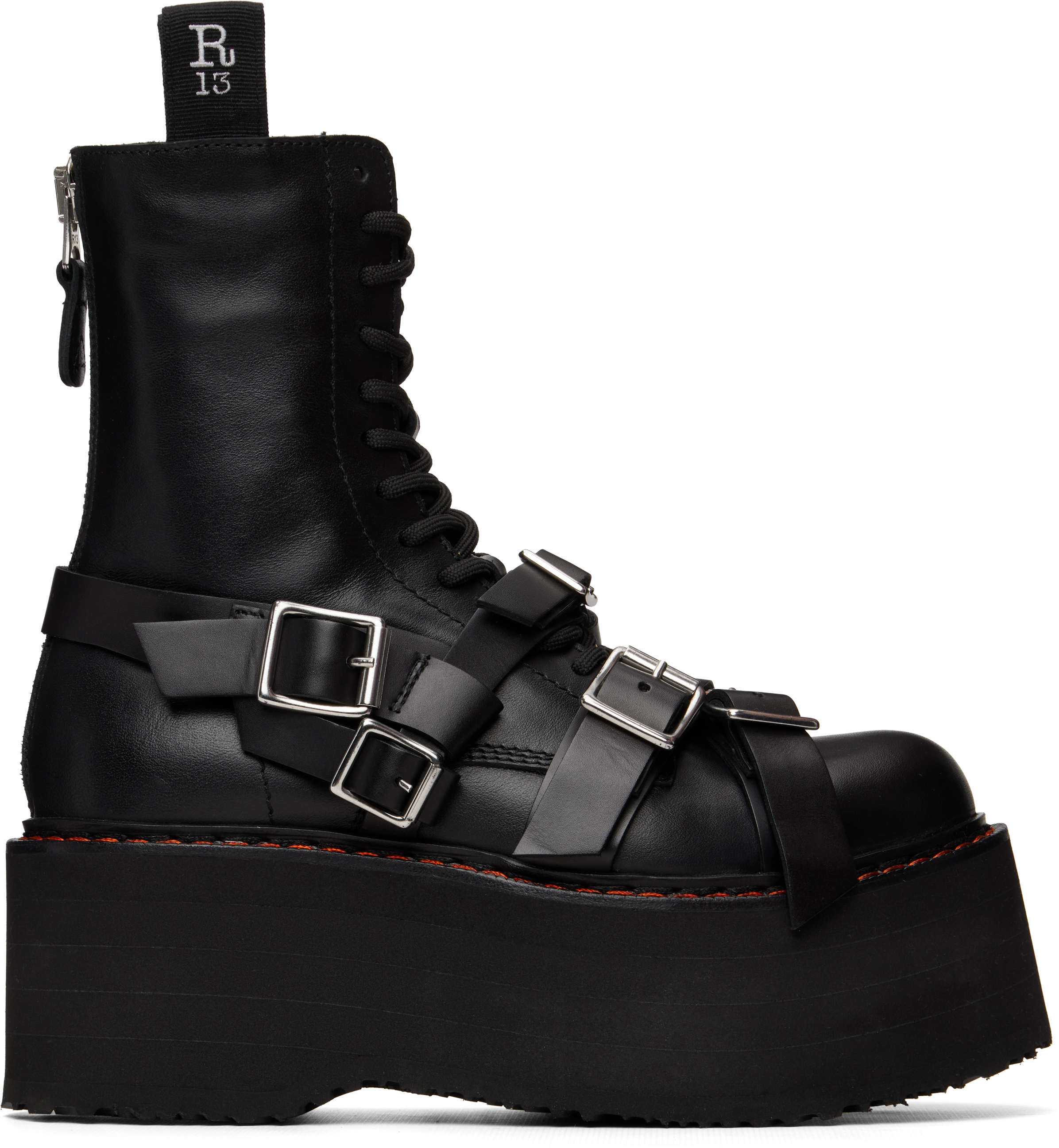 R13 Black Strapped Double Stack Boots