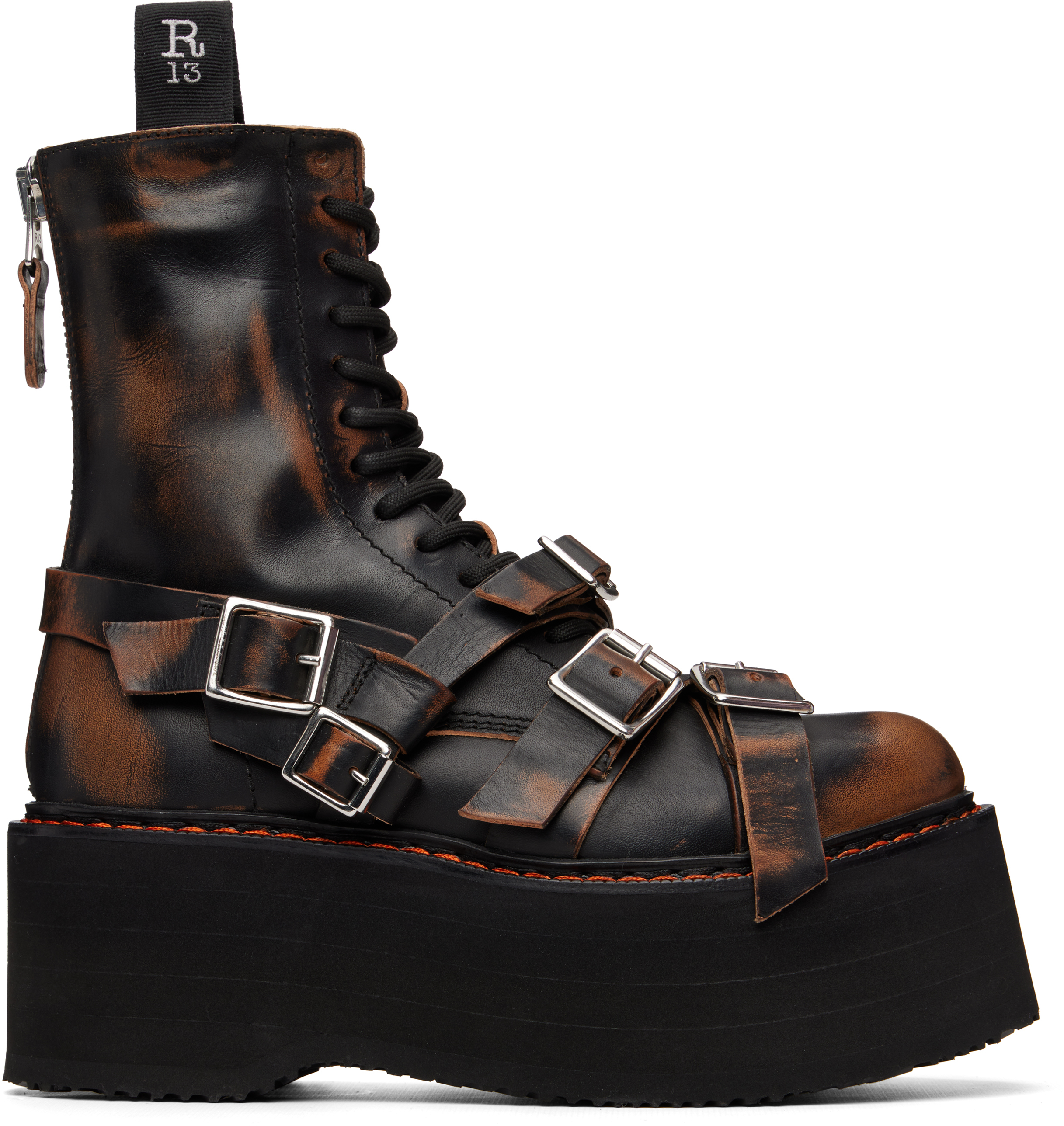 R13 Black Strapped Double Stack Boots