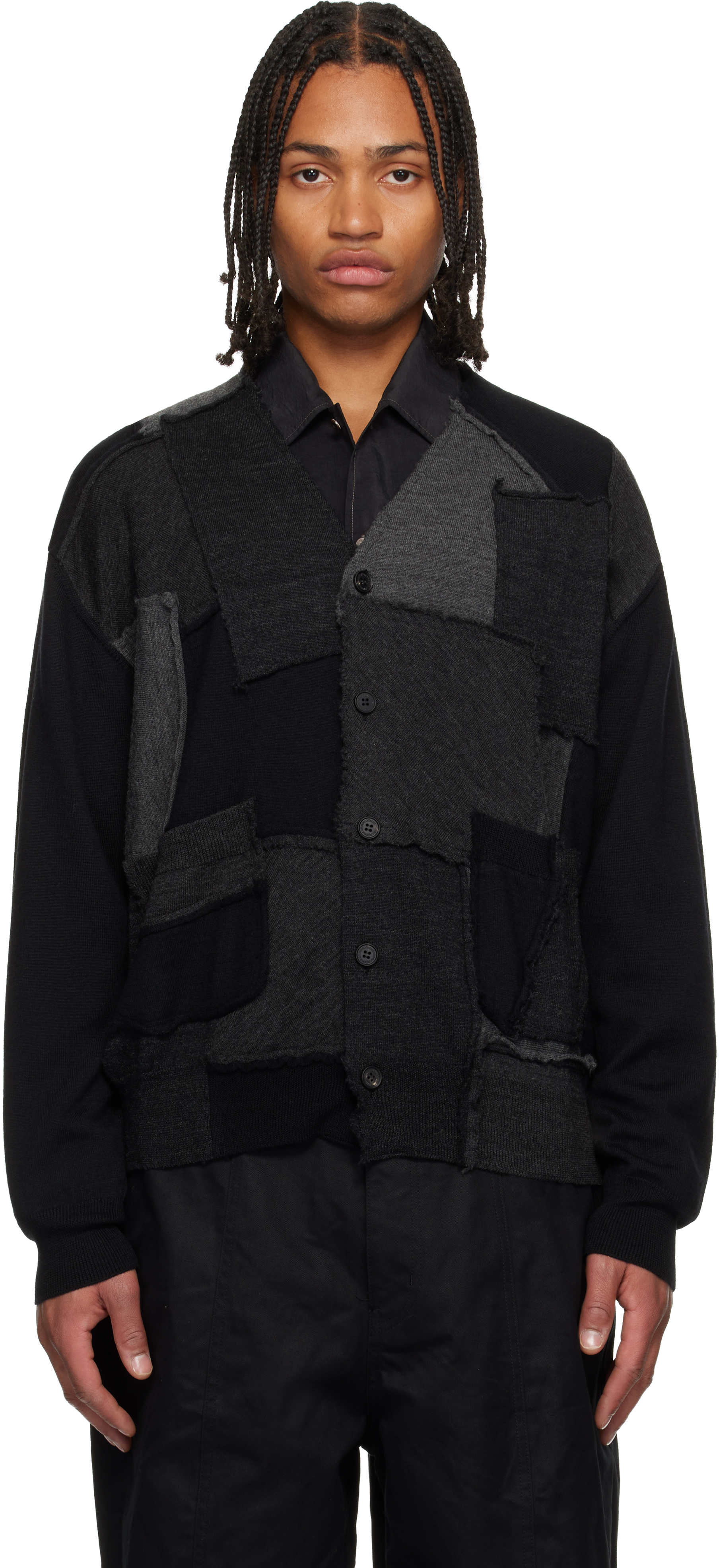 Comme Des Garçons Homme Deux Black Worsted Wool Jersey Patchwork Cardigan In Black