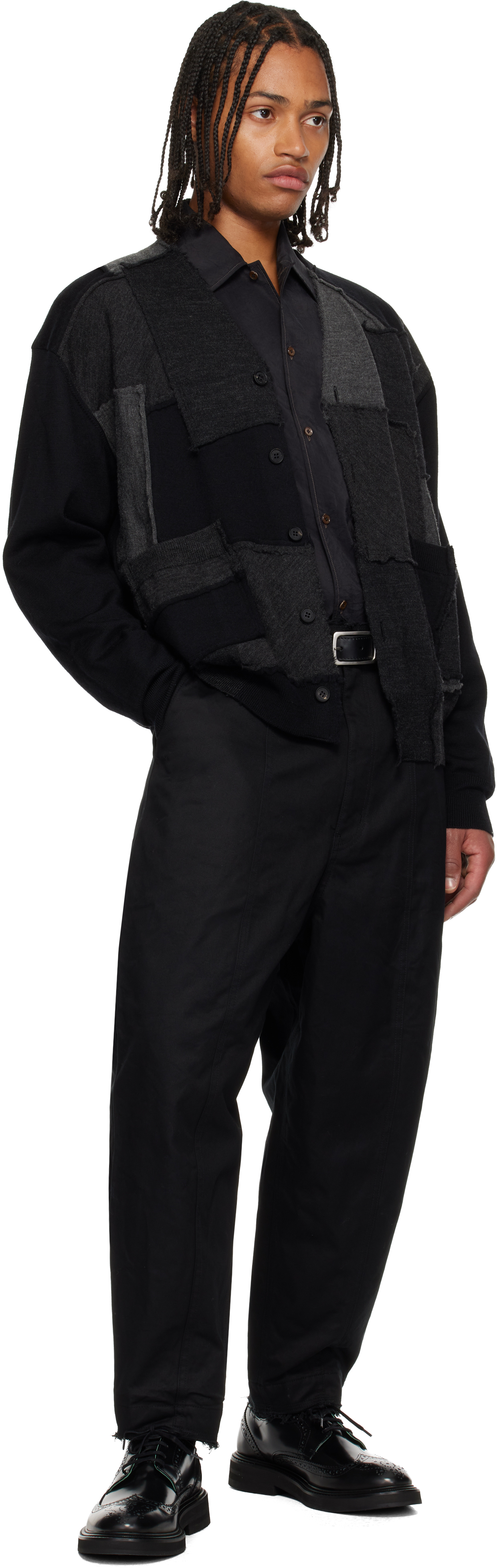 Comme Des Garçons Homme Deux Black Worsted Wool Jersey Patchwork Cardigan In Black