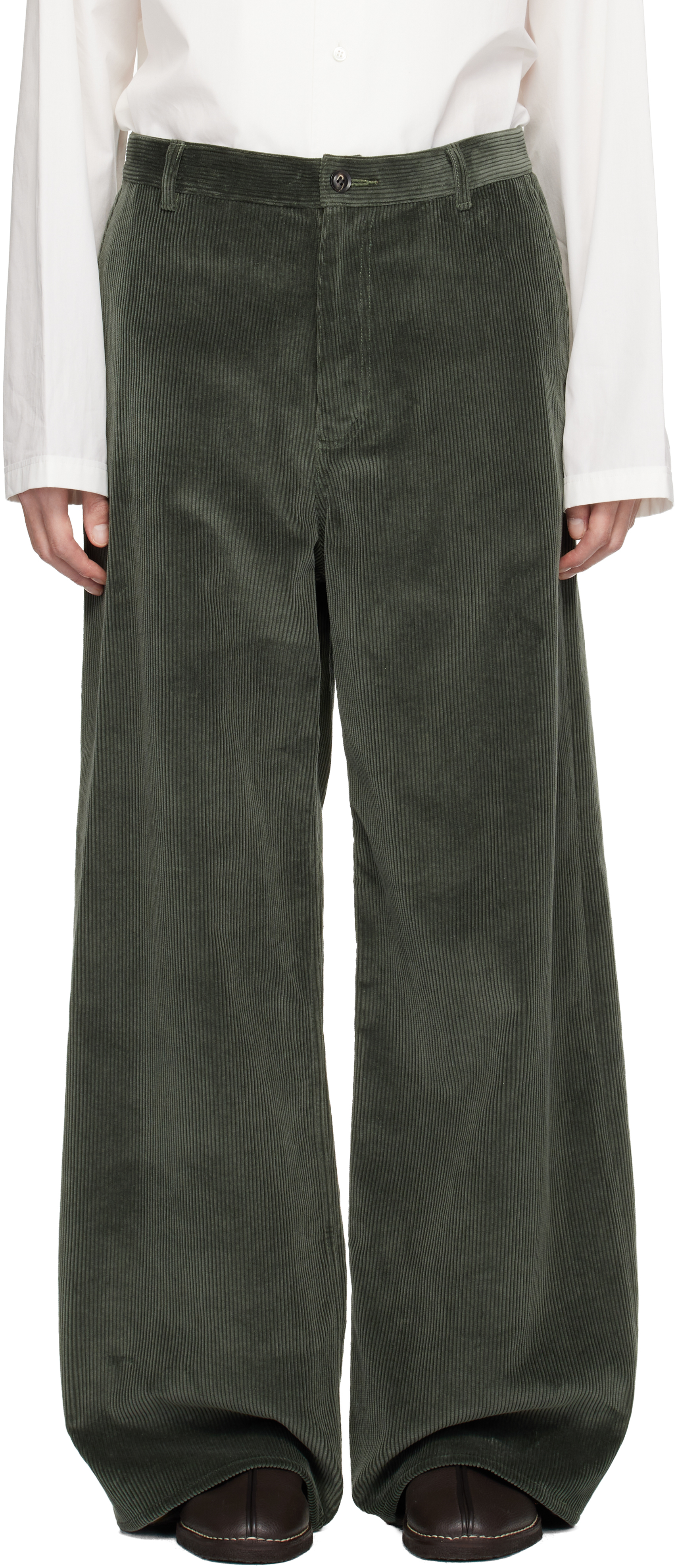 Green Double Beltloop Corduroy Trousers by SOSHIOTSUKI on Sale