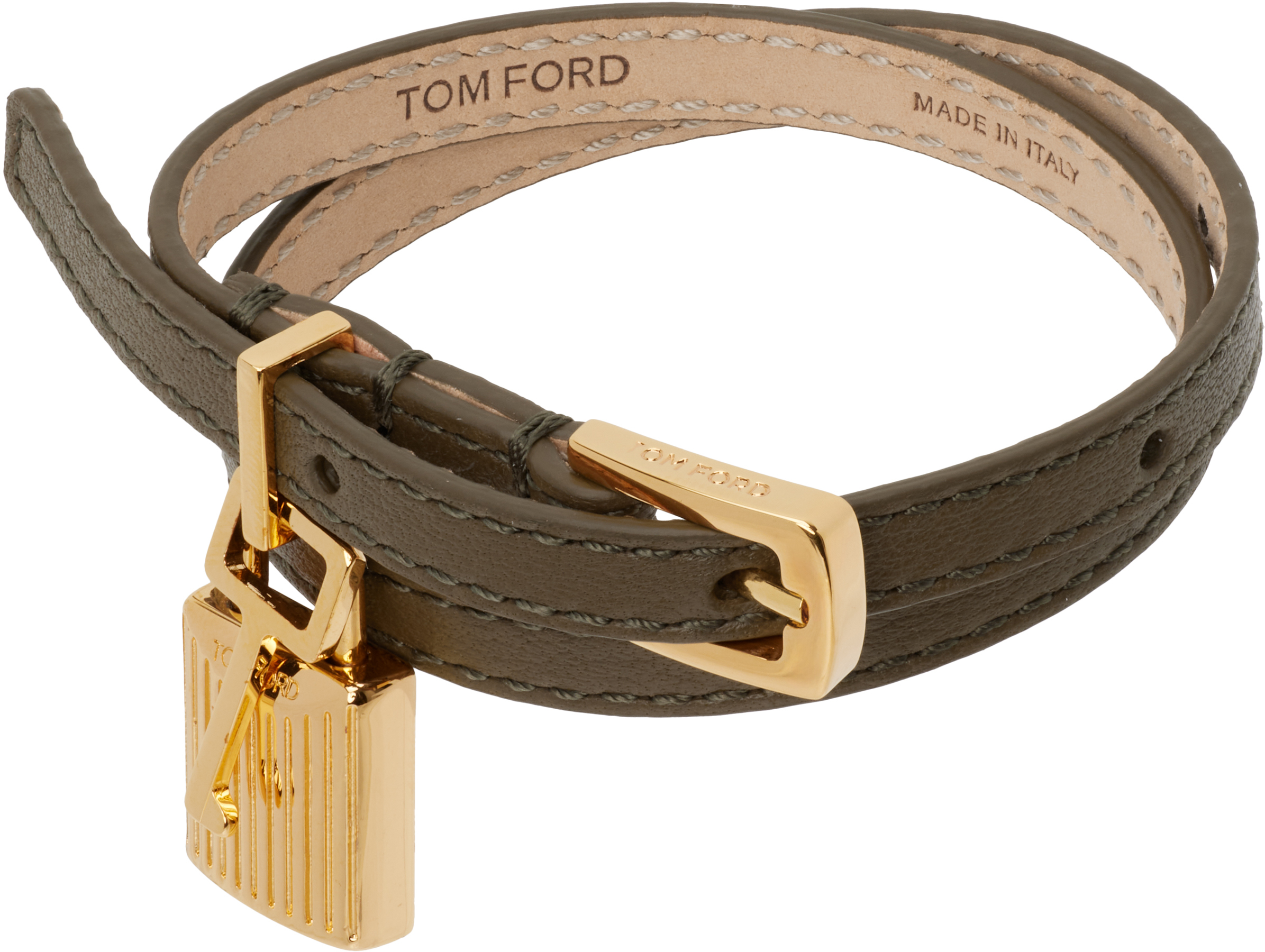 Tom Ford Khaki Grain Leather Bracelet In Brown