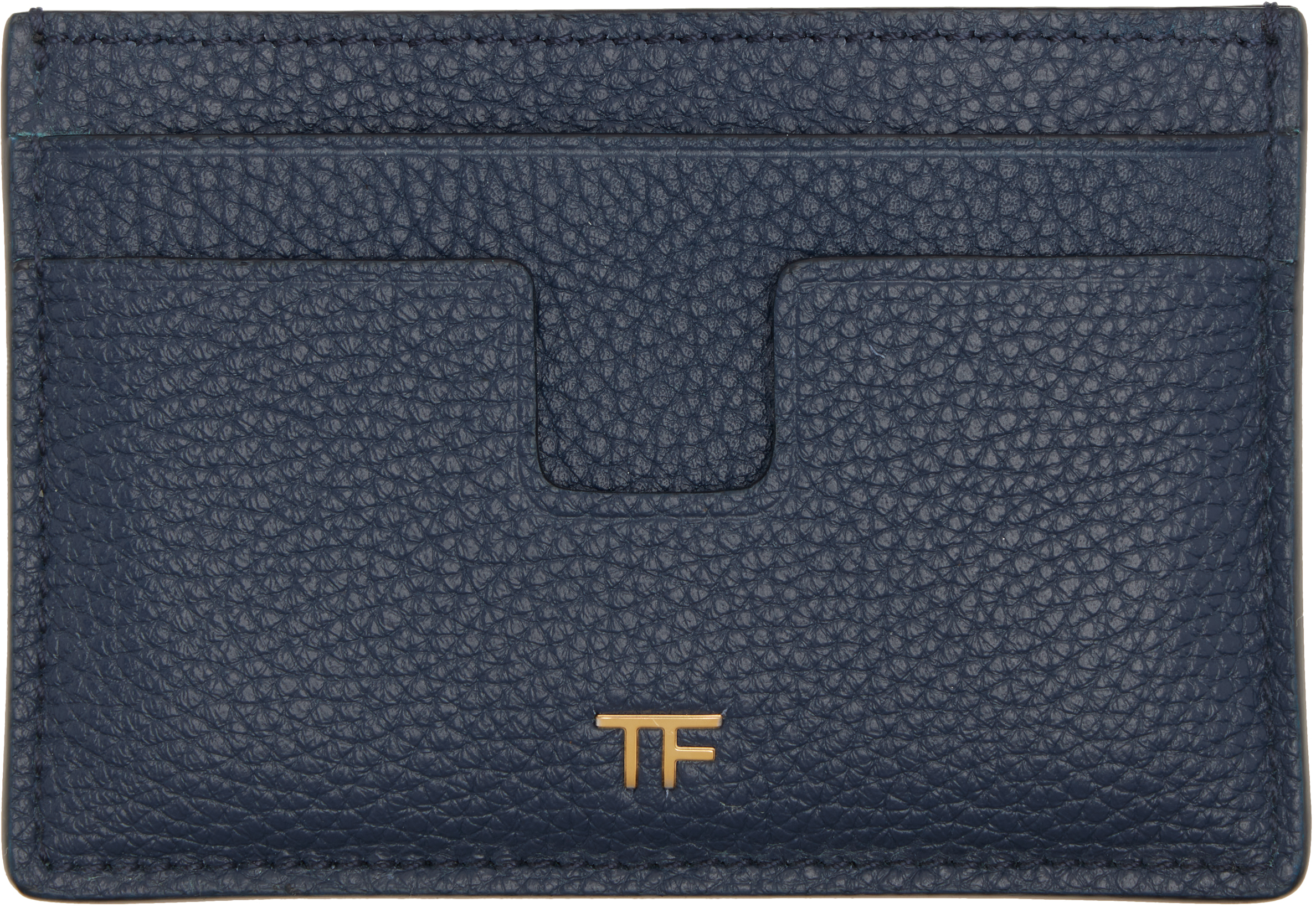 TOM FORD: Navy Grain Leather Card Holder | SSENSE