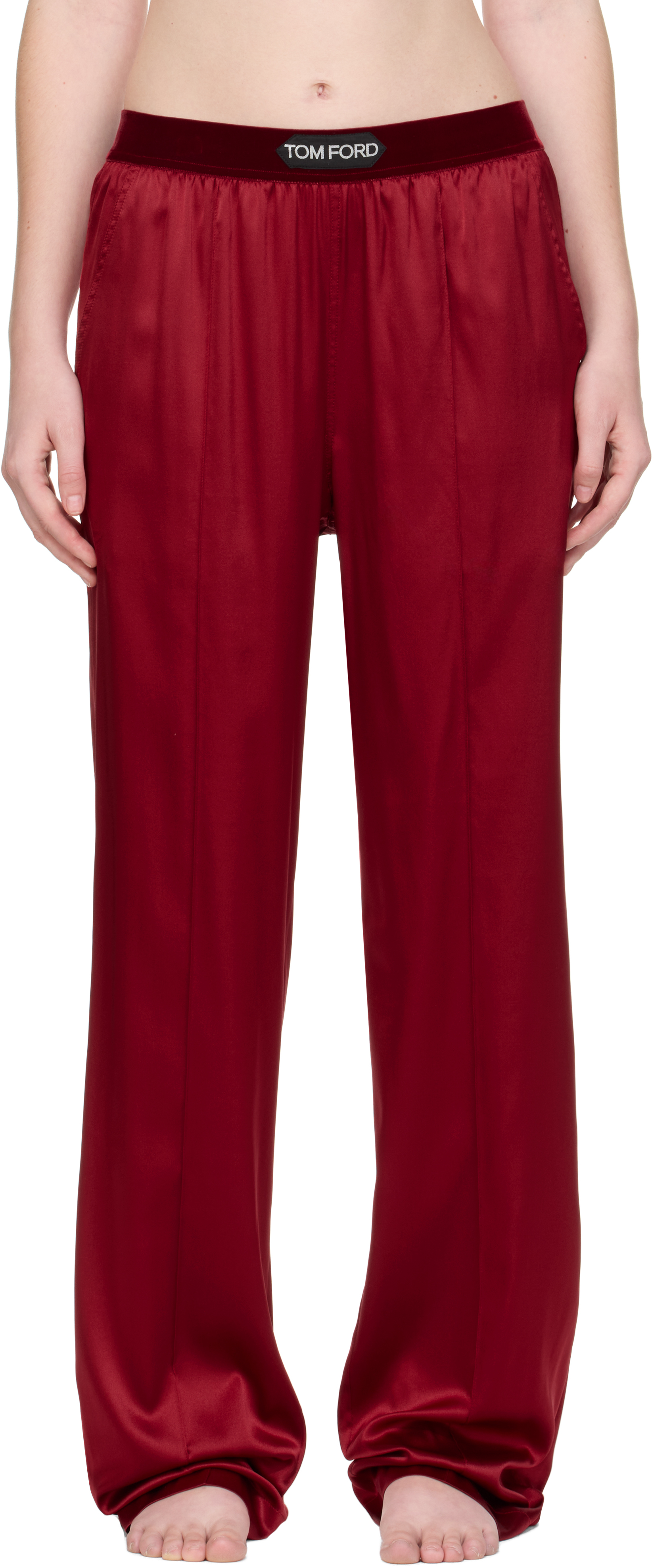 Tom Ford Red Stretch Silk Satin Lounge Pants In Burgundy