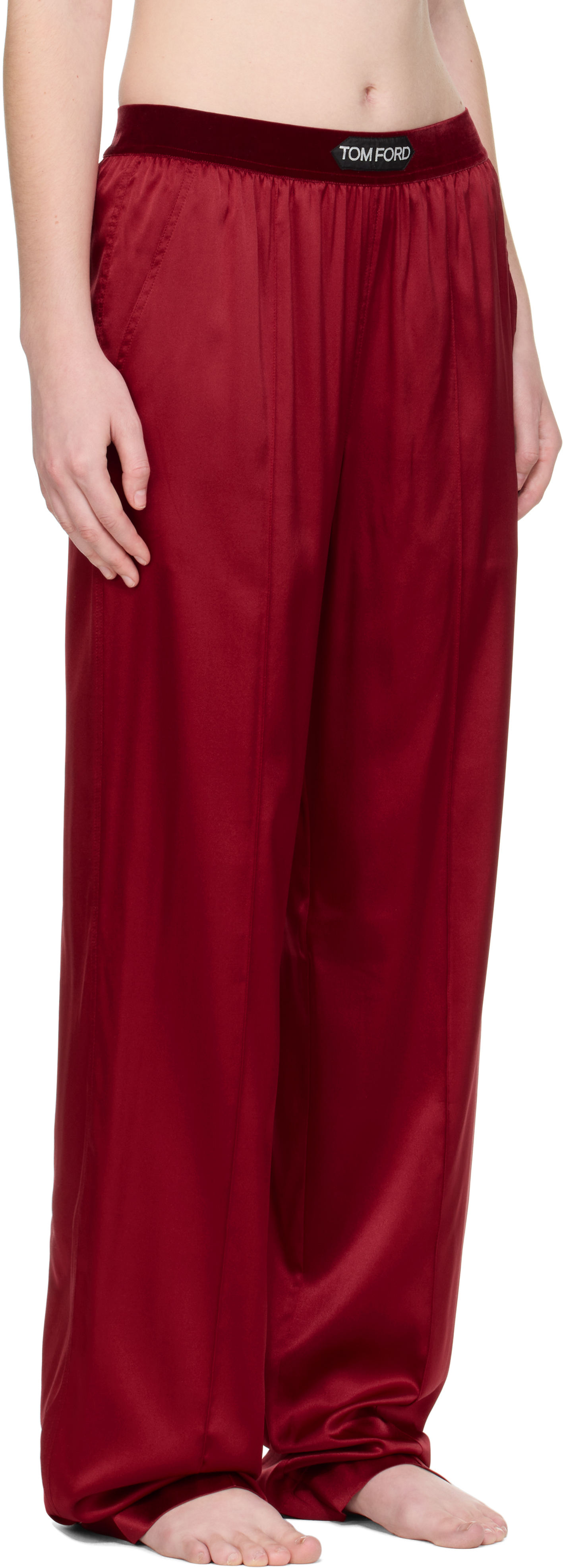 Tom Ford Red Stretch Silk Satin Lounge Pants In Burgundy