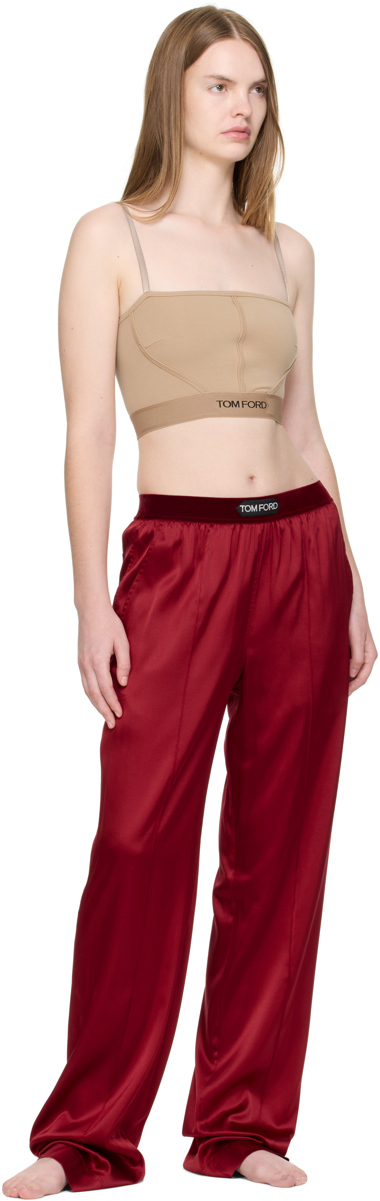 Tom Ford Red Stretch Silk Satin Lounge Pants In Burgundy