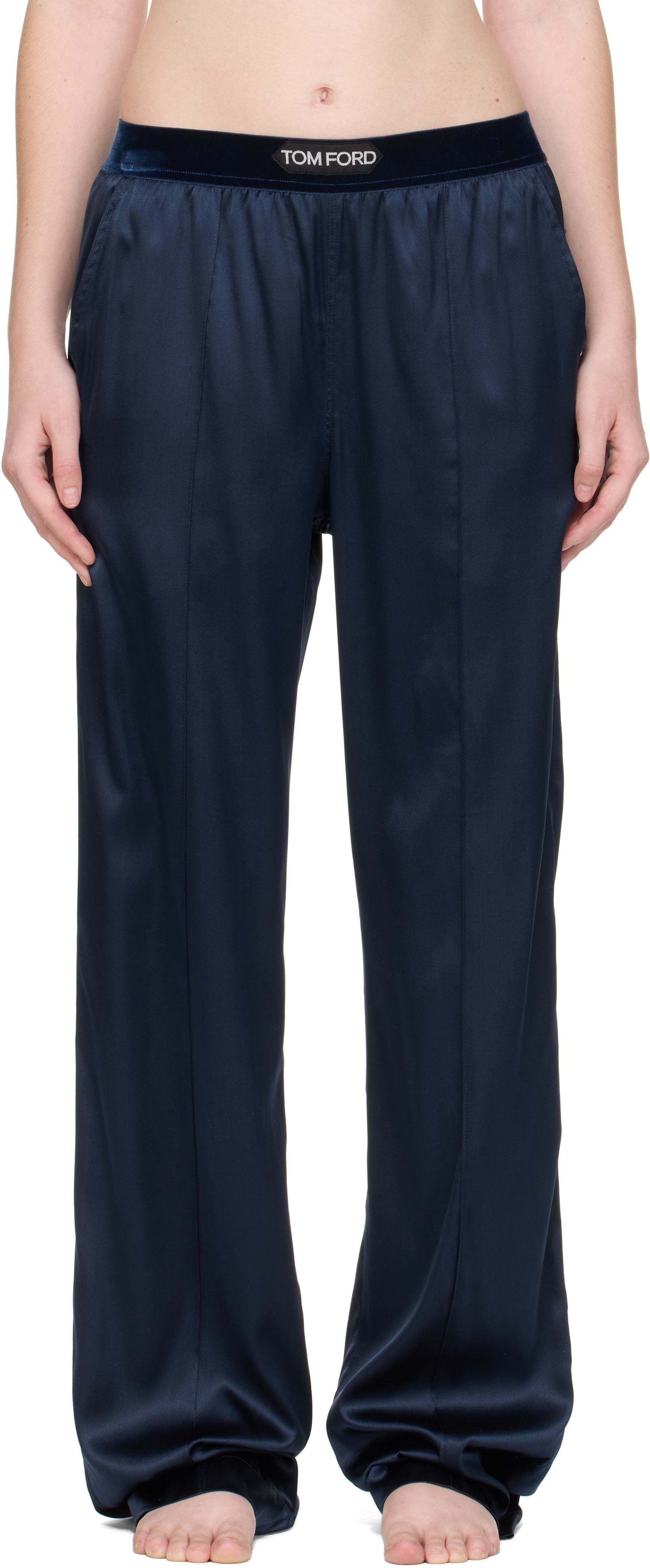Tom Ford Navy Stretch Silk Satin Lounge Pants In Blue