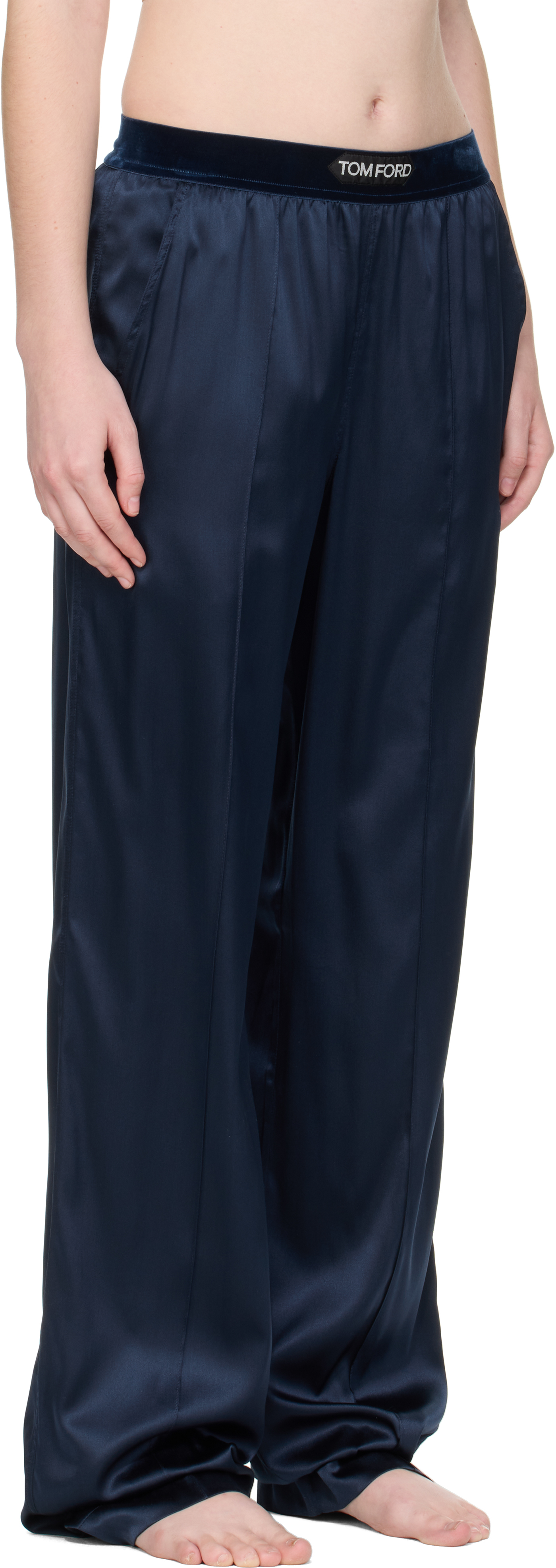 Tom Ford Navy Stretch Silk Satin Lounge Pants In Blue