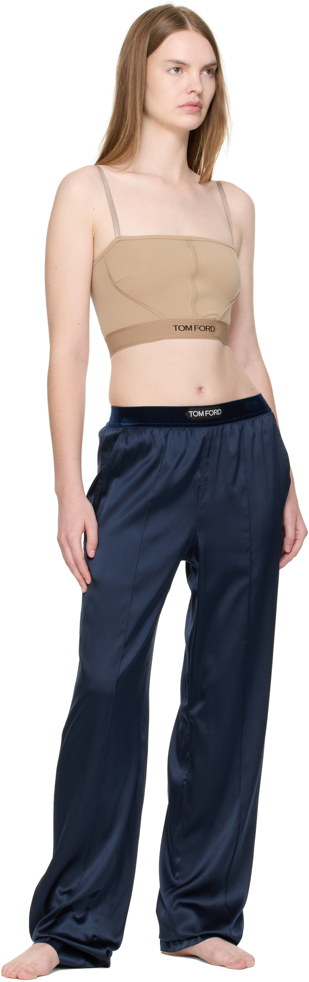 Tom Ford Navy Stretch Silk Satin Lounge Pants In Blue