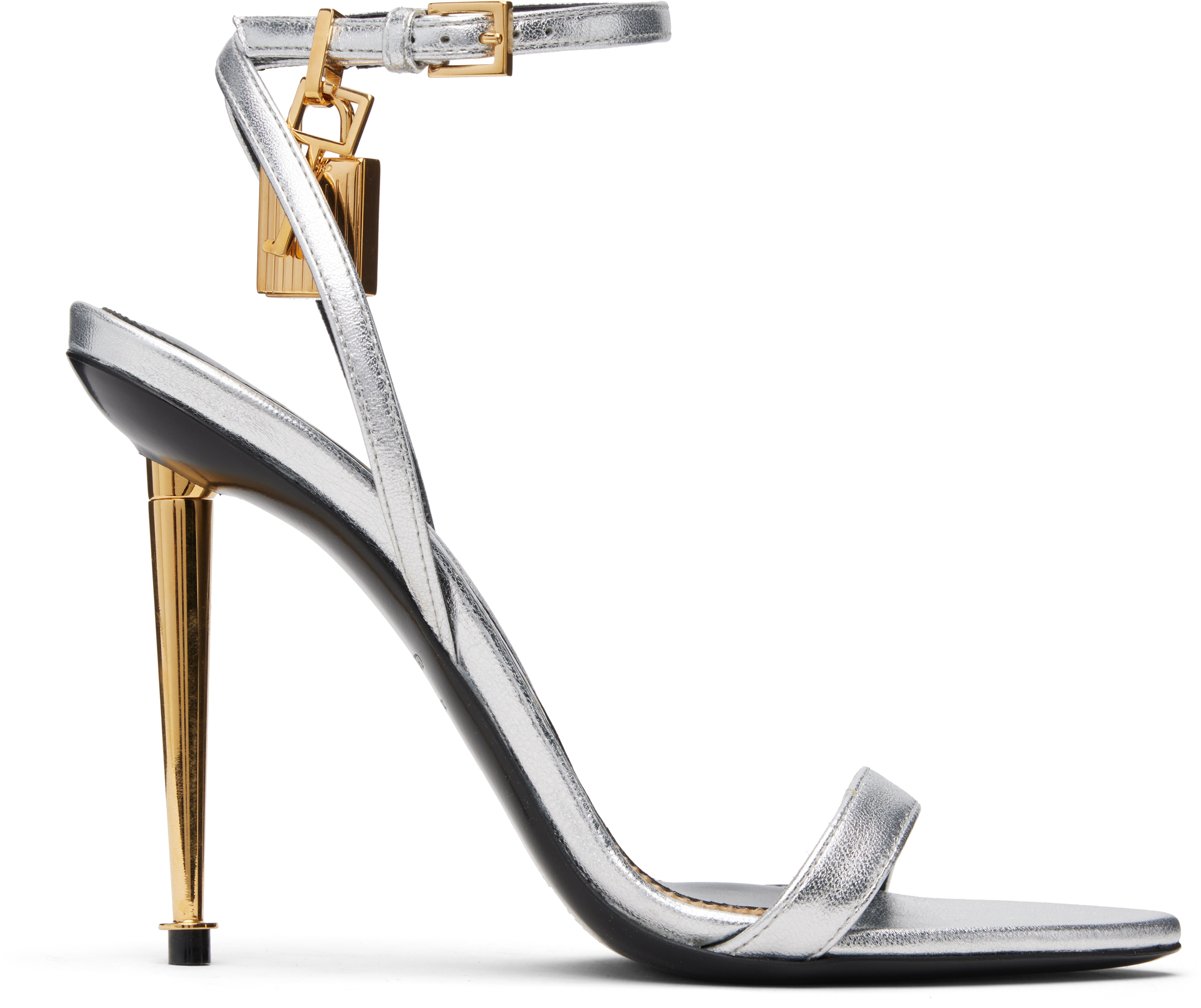 Tom Ford Silver Nappa Padlock Pointy Naked Heeled Sandals In Silver