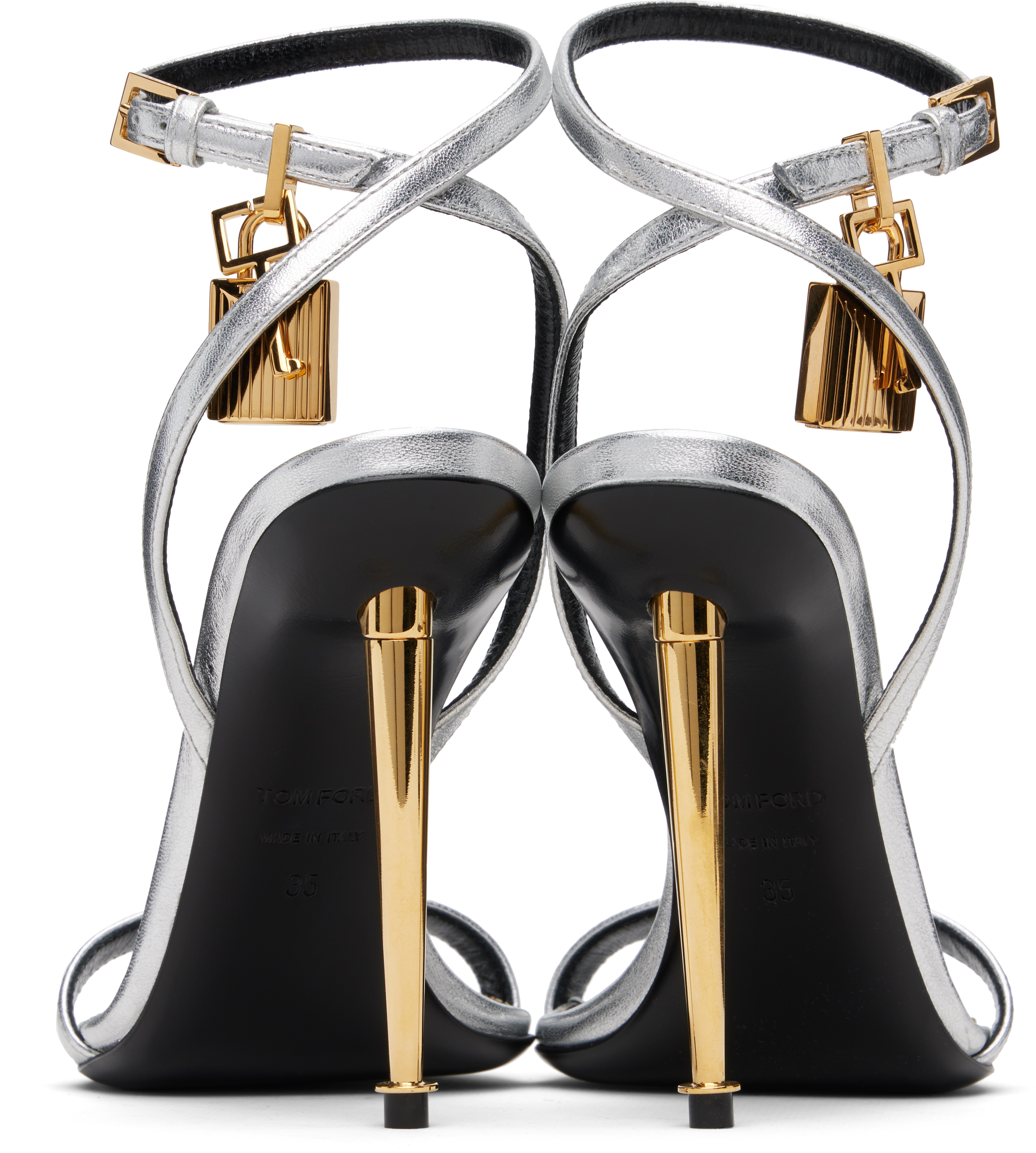 Tom Ford Silver Nappa Padlock Pointy Naked Heeled Sandals In Silver
