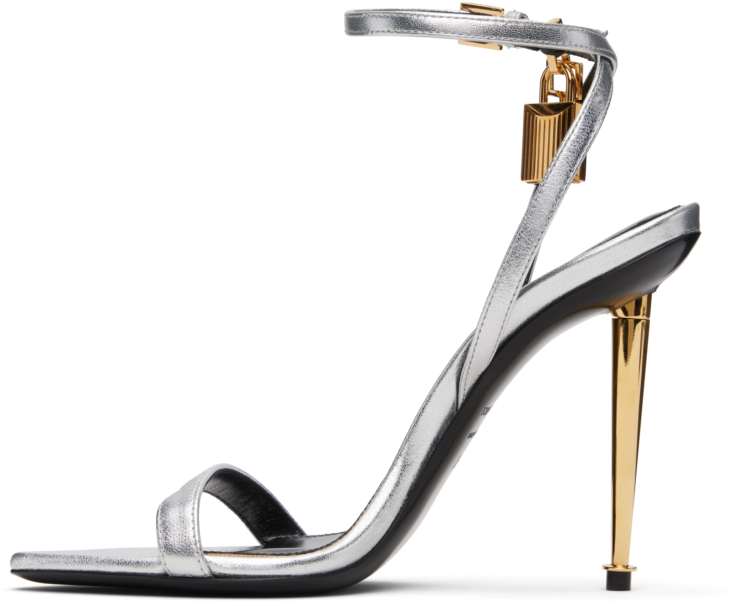 Tom Ford Silver Nappa Padlock Pointy Naked Heeled Sandals In Silver