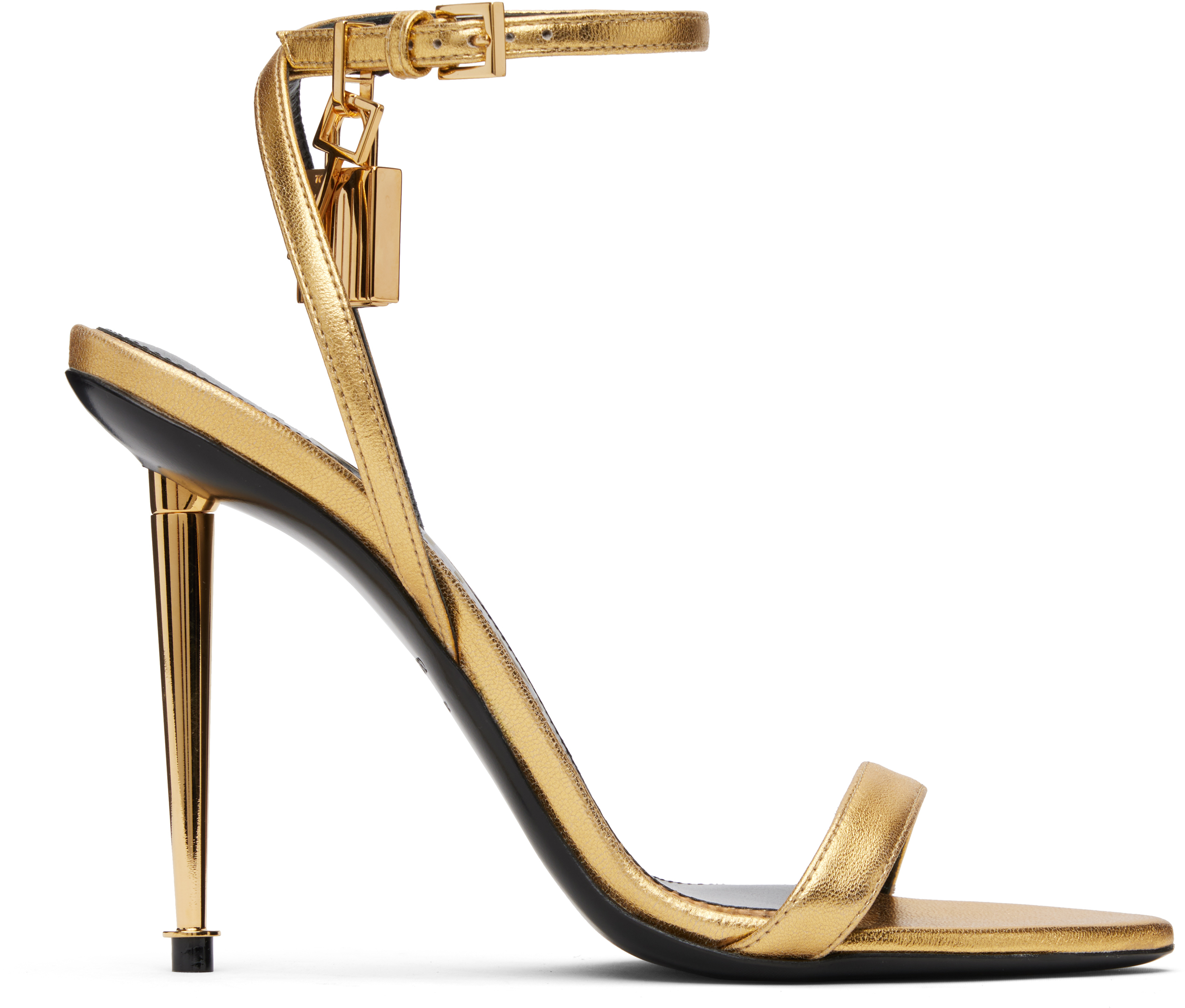 Tom Ford Gold Nappa Padlock Pointy Naked Heeled Sandals In Gold