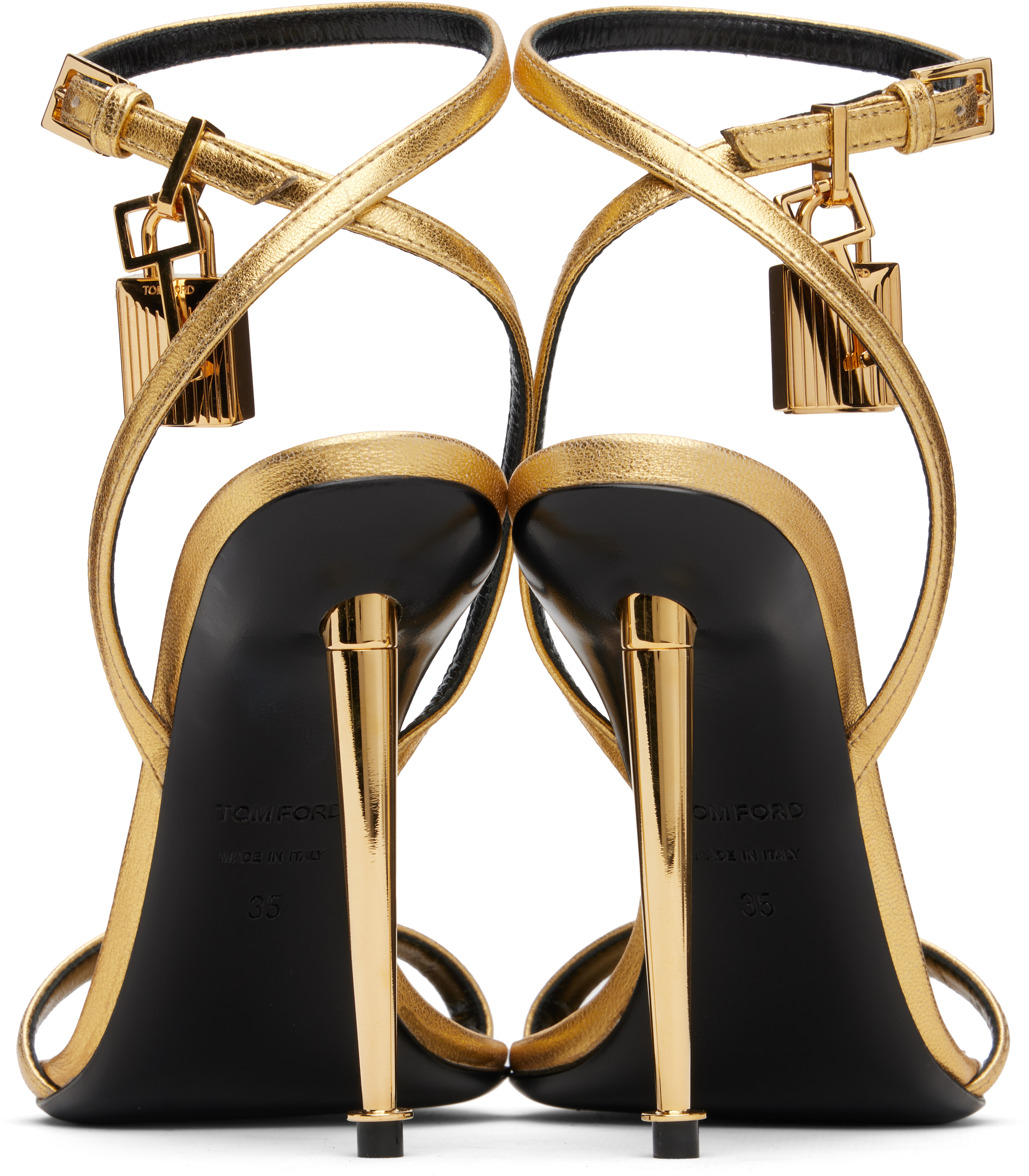Tom Ford Gold Nappa Padlock Pointy Naked Heeled Sandals In Gold