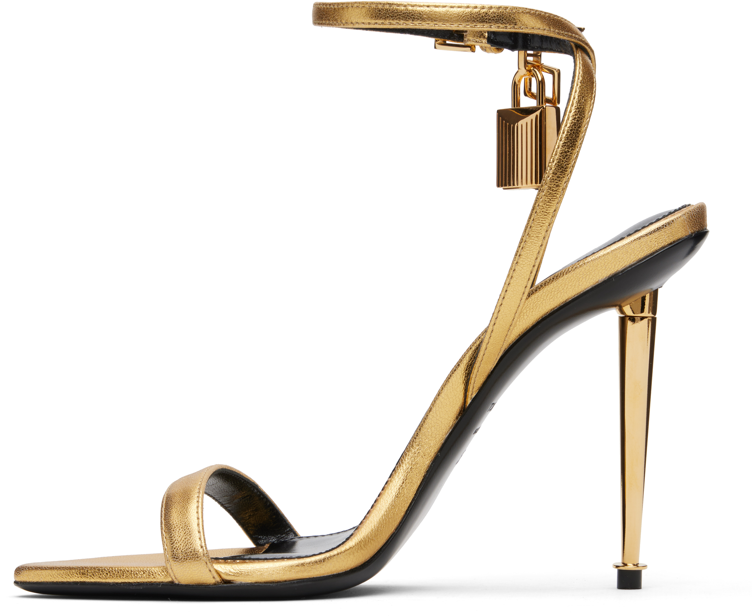 Tom Ford Gold Nappa Padlock Pointy Naked Heeled Sandals In Gold