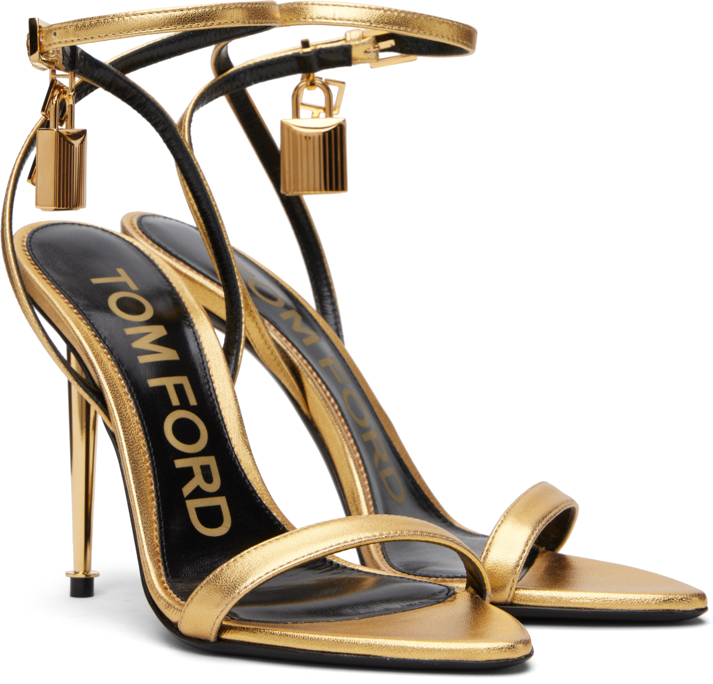Tom Ford Gold Nappa Padlock Pointy Naked Heeled Sandals In Gold