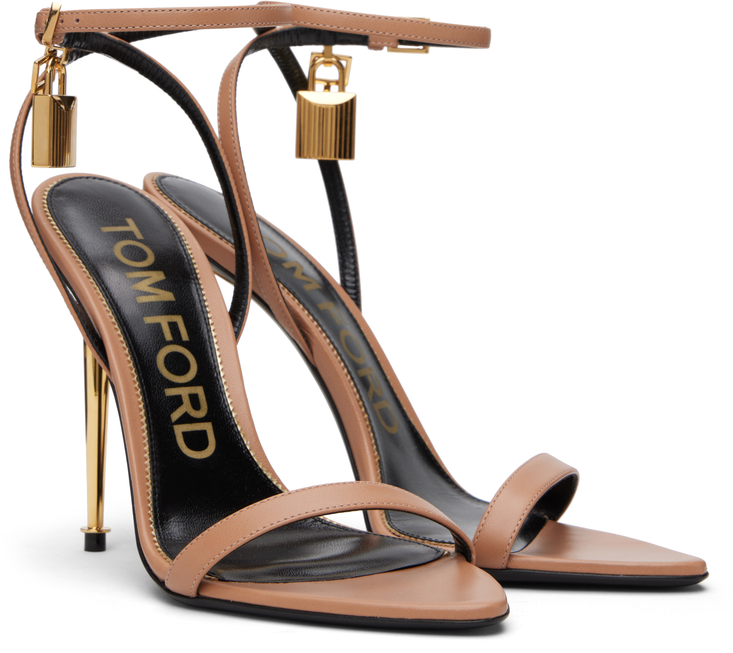 Tom Ford Pink Shiny Padlock Pointy Naked Heeled Sandals In Multi