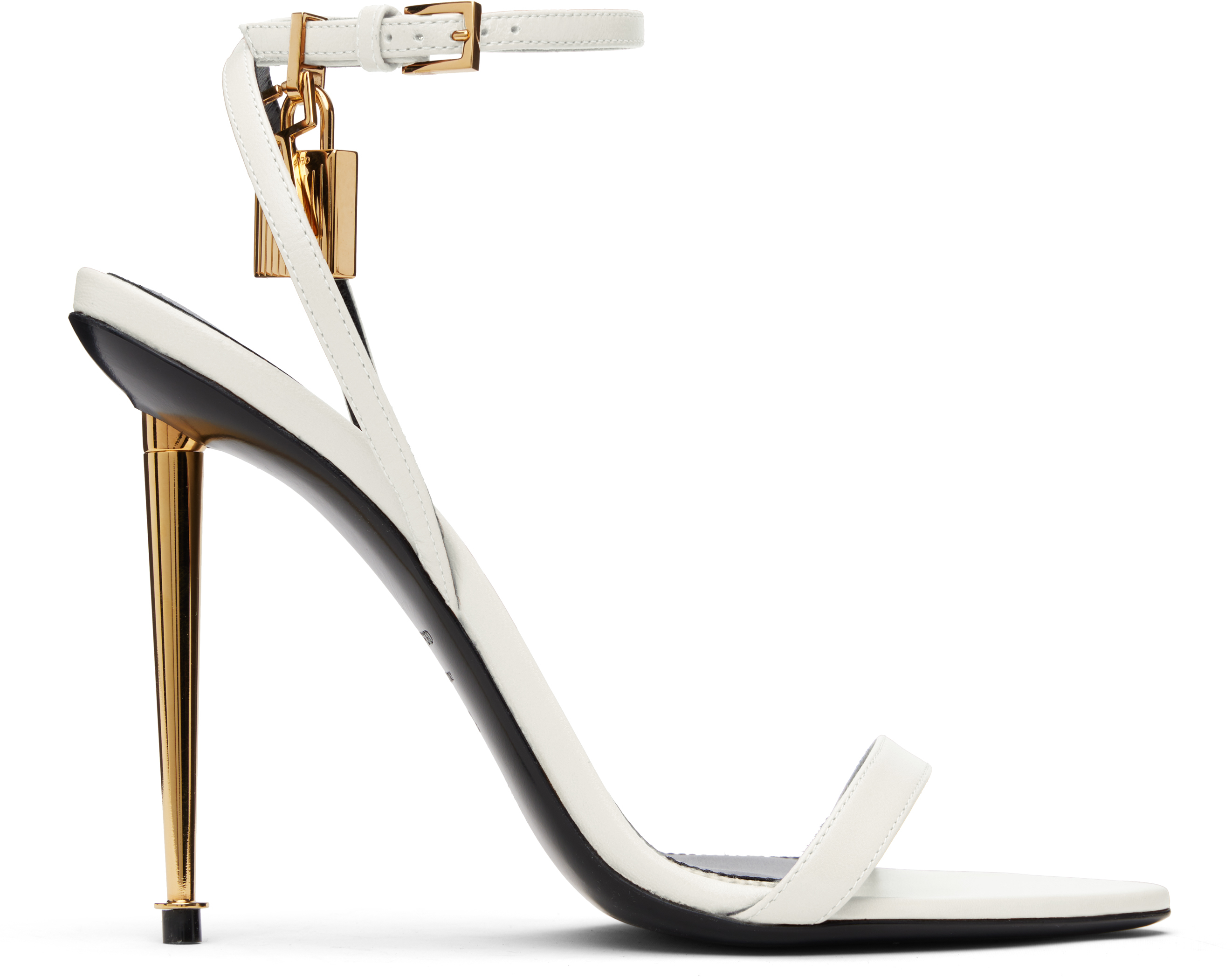 TOM FORD: Off-White Shiny Padlock Pointy Naked Heeled Sandals | SSENSE