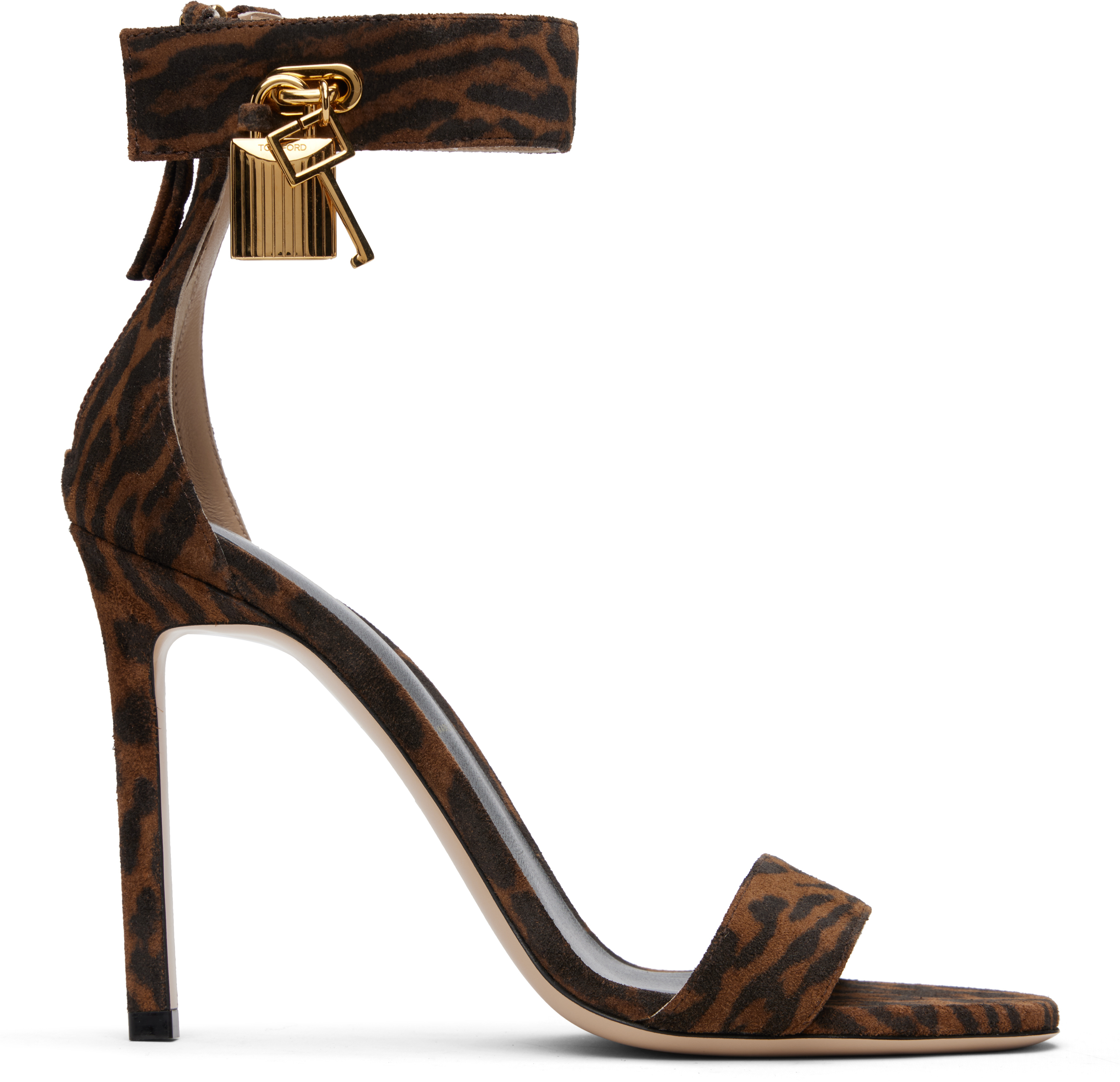 Tom Ford Brown Ocelot-print Suede Padlock Heeled Sandals In Multi