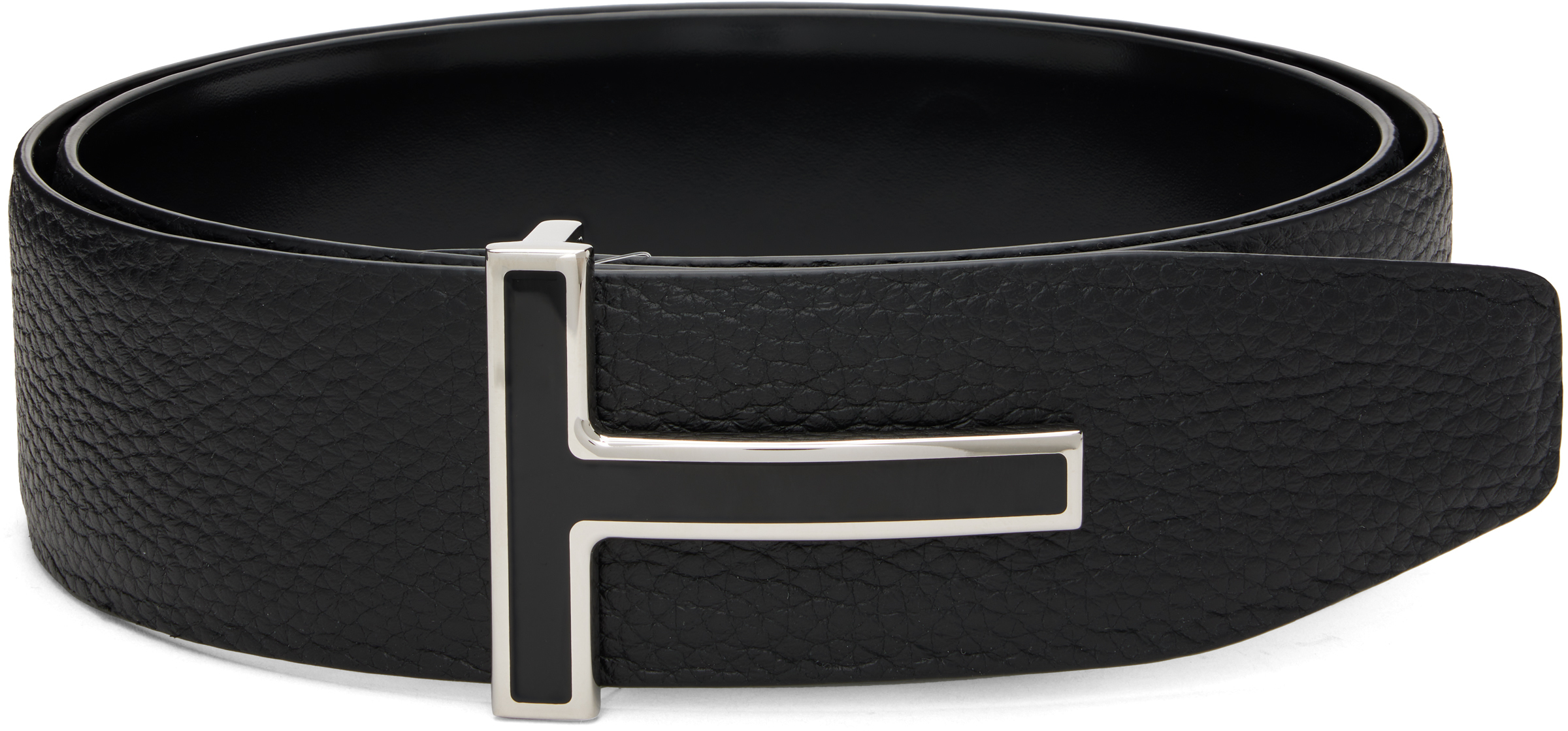 Tom Ford Black Leather Enamel Buckle T Reversible Belt