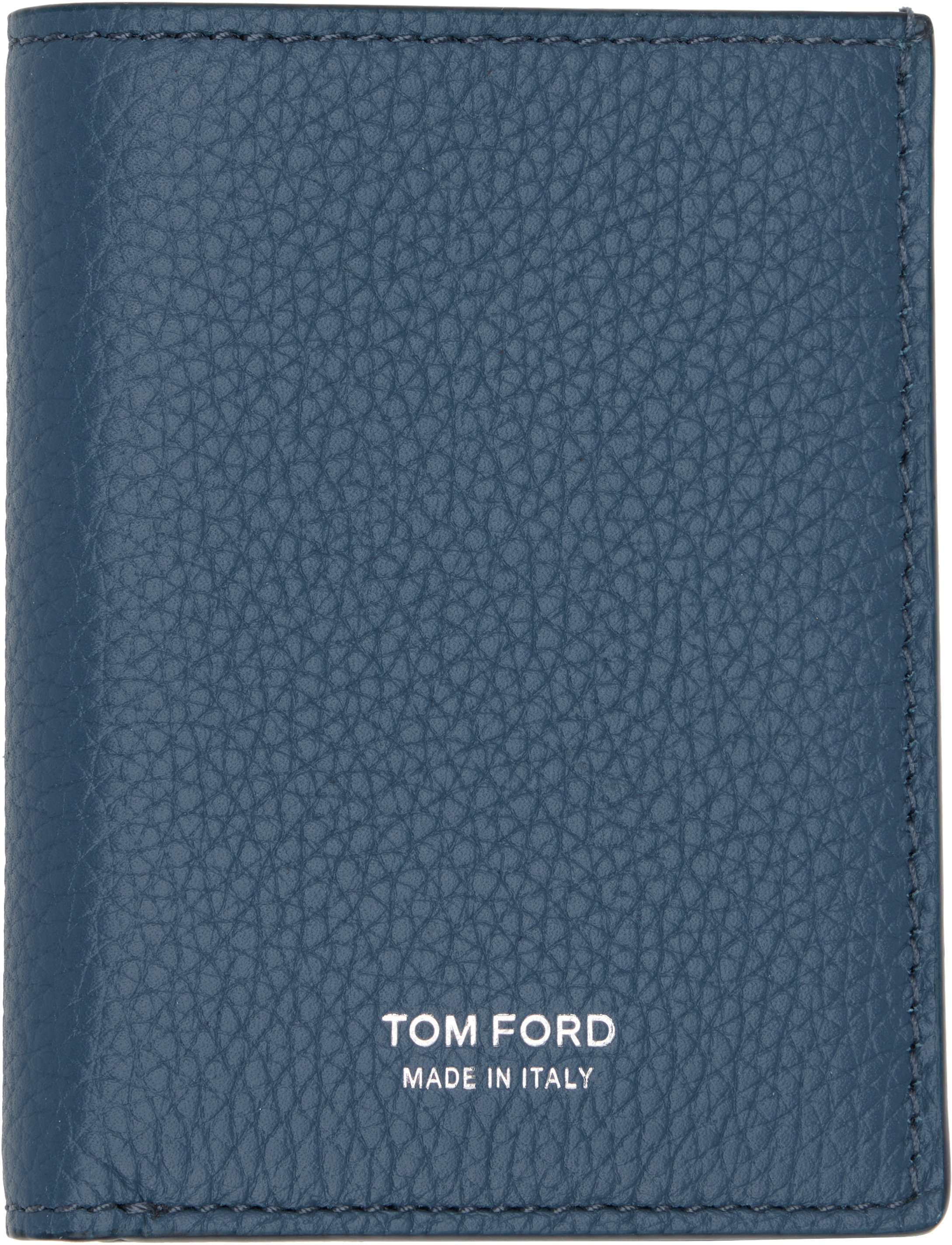 TOM FORD: Blue Grain Leather Folding Card Holder | SSENSE