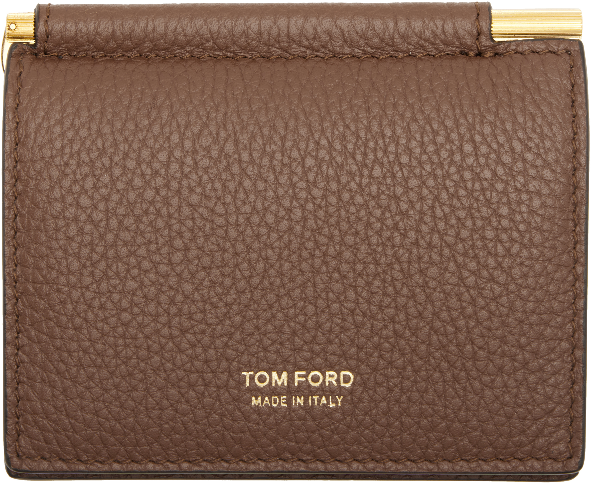 Tom Ford Brown Soft Grain Leather Bifold Money Clip Card Holder