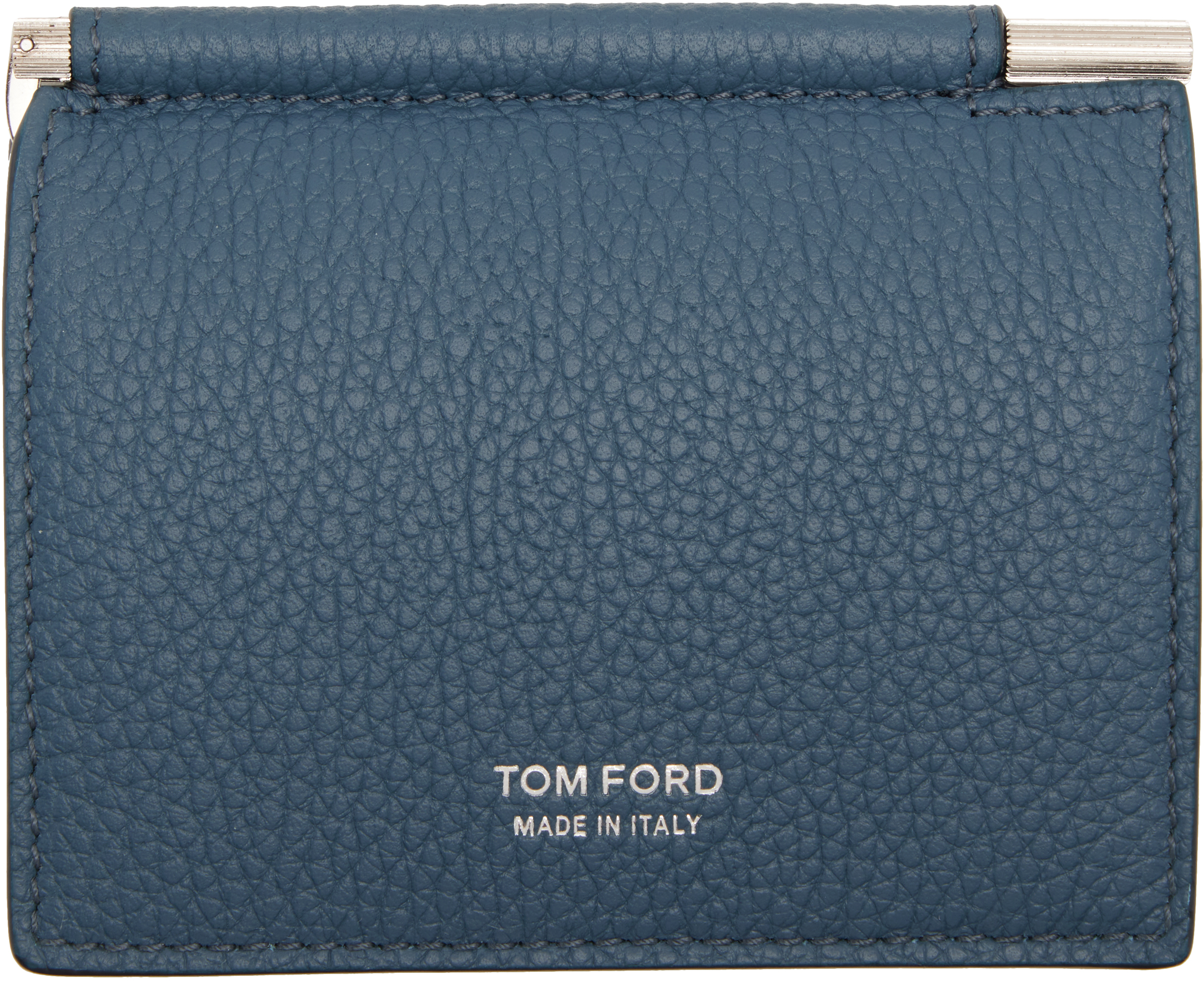 Tom Ford Blue Soft Grain Leather Bifold Money Clip Card Holder