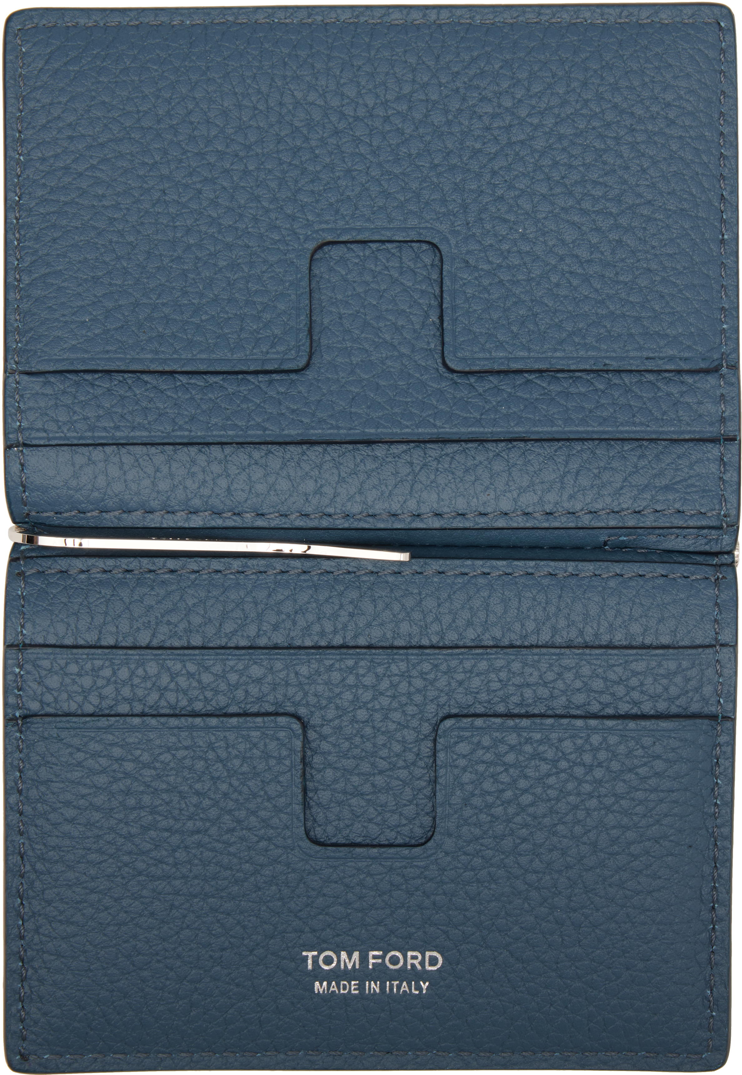 Tom Ford Blue Soft Grain Leather Bifold Money Clip Card Holder