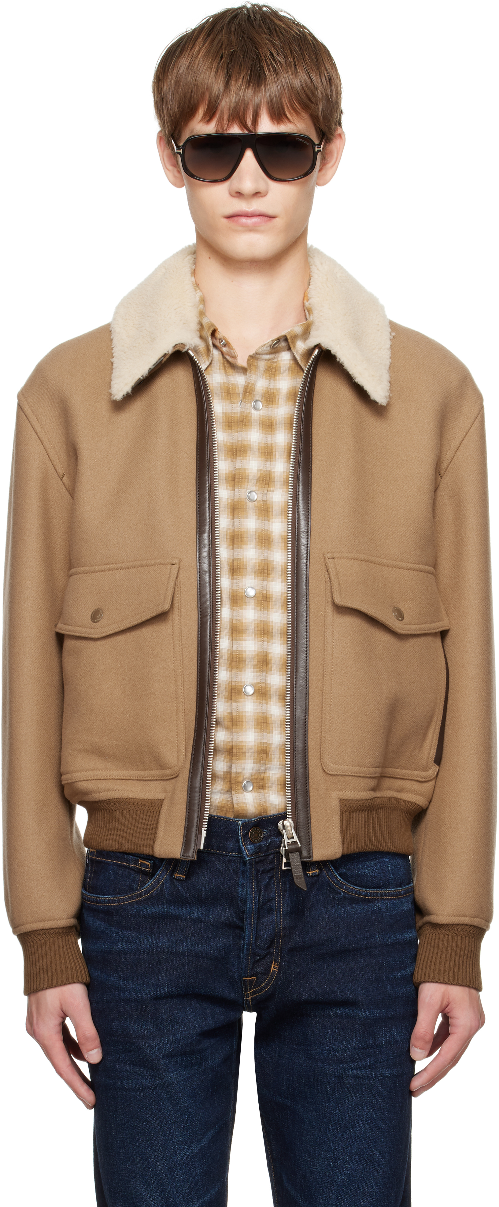 Tom Ford Beige Double Splittable Shearling Collar Bomber Jacket In Multi