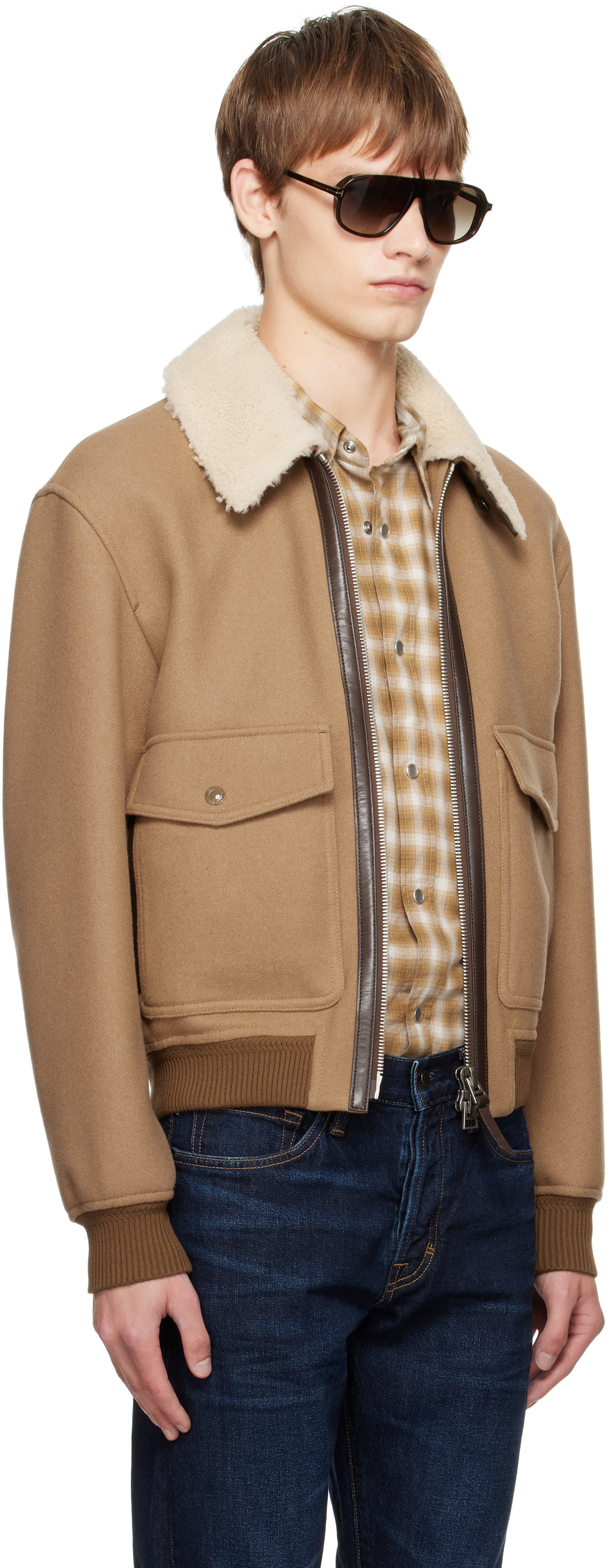 Tom Ford Beige Double Splittable Shearling Collar Bomber Jacket In Multi