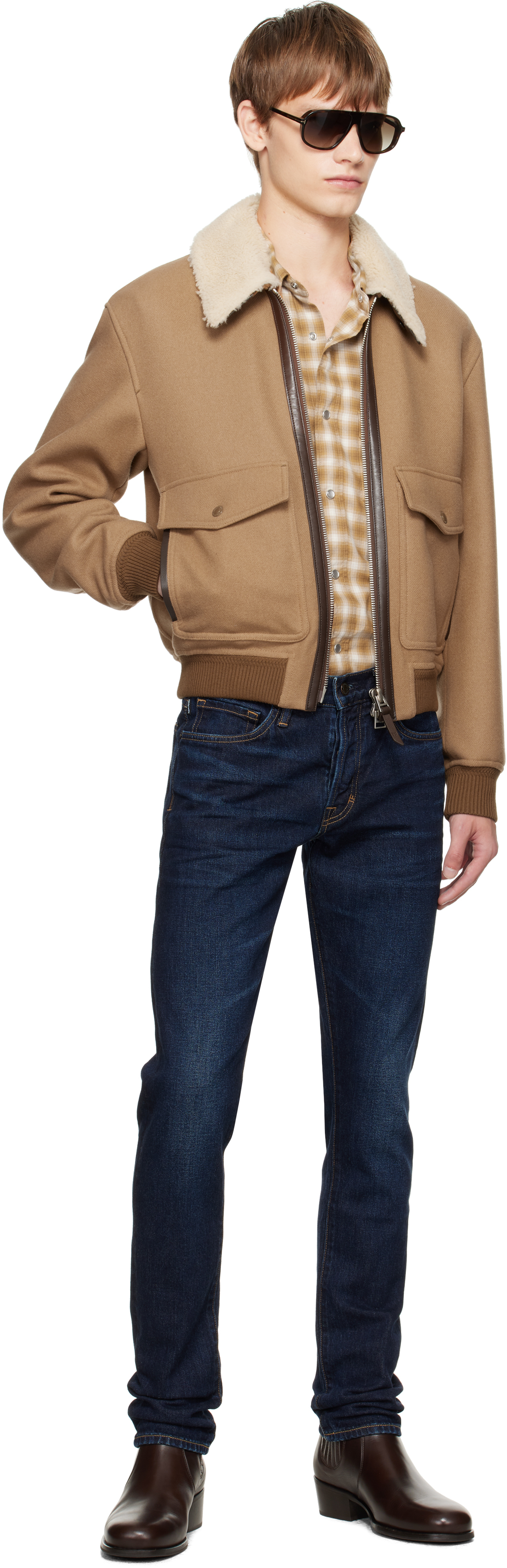Tom Ford Beige Double Splittable Shearling Collar Bomber Jacket In Multi