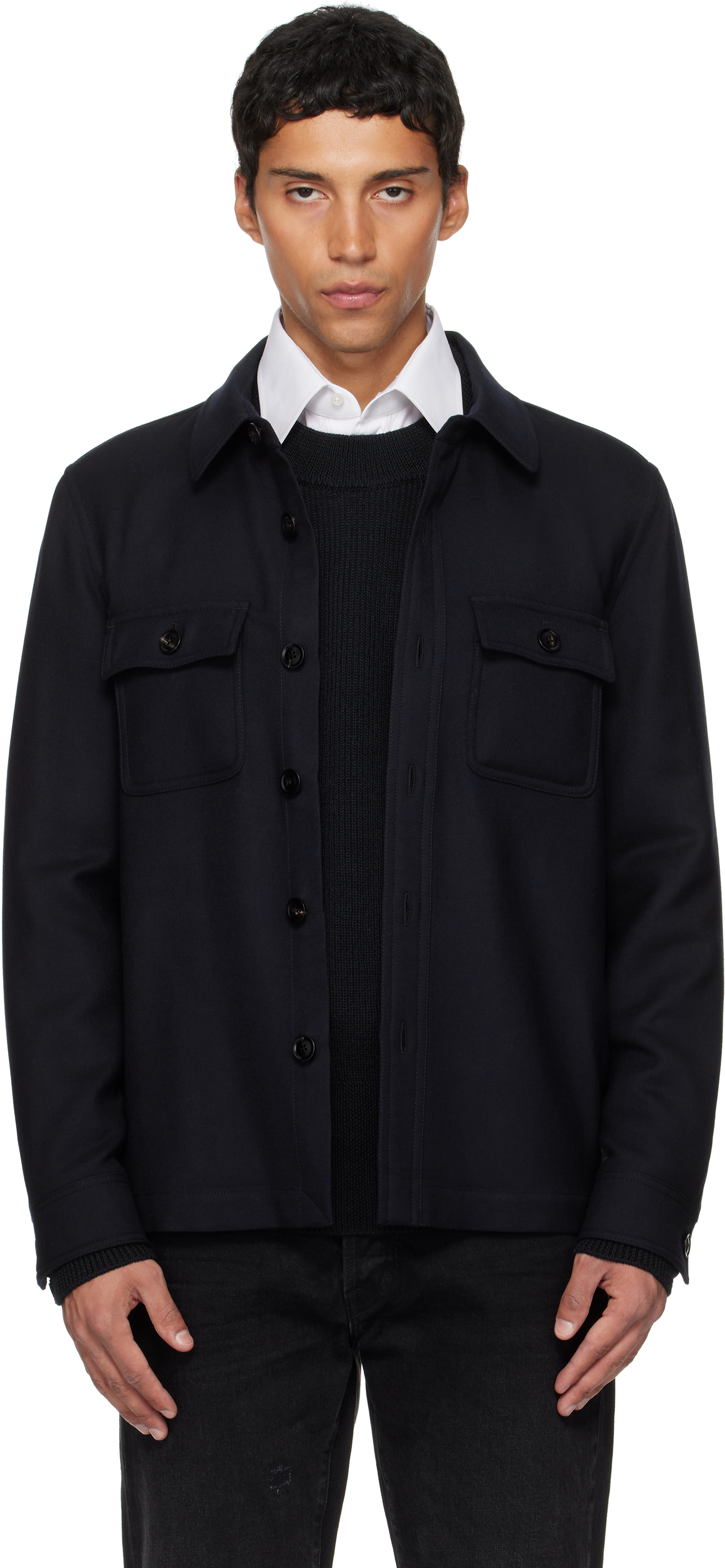 Tom Ford Double Splittable Light Wool Chest Pocket Outershirt In Blue