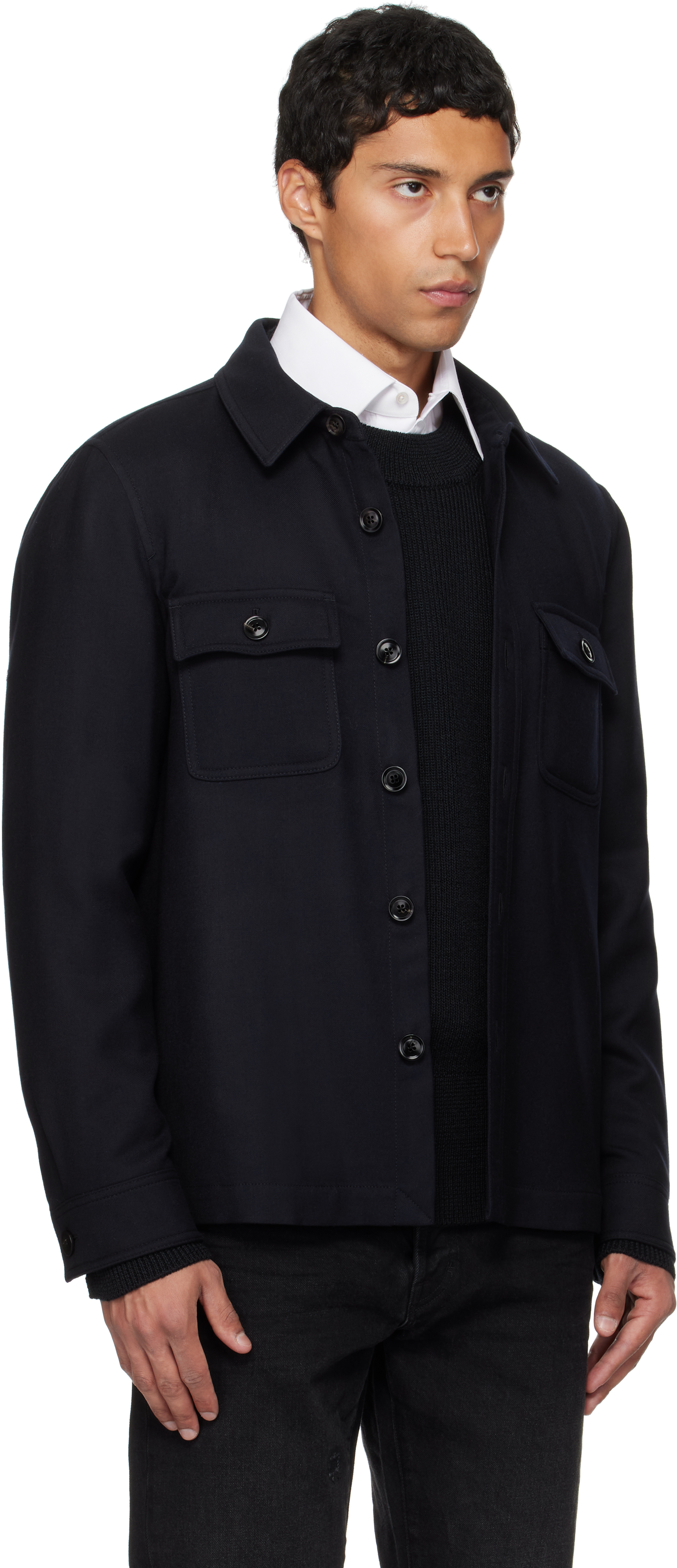 Tom Ford Double Splittable Light Wool Chest Pocket Outershirt In Blue