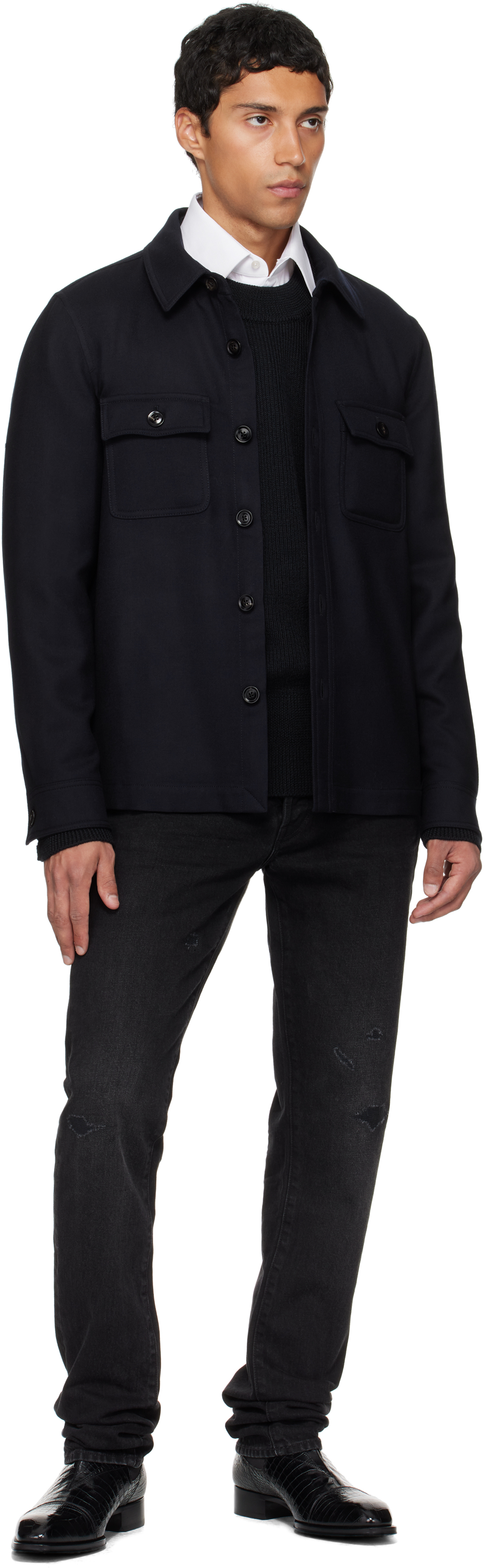 Tom Ford Double Splittable Light Wool Chest Pocket Outershirt In Blue